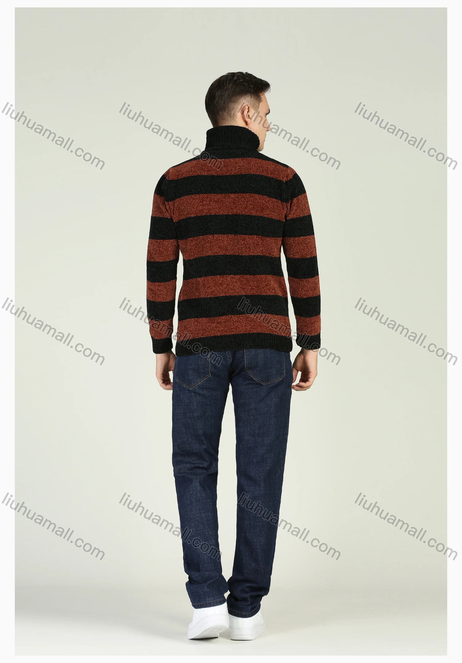 Wholesale Men's Two Tone Striped Turtleneck Long Sleeve Pullover Sweater - Liuhuamall