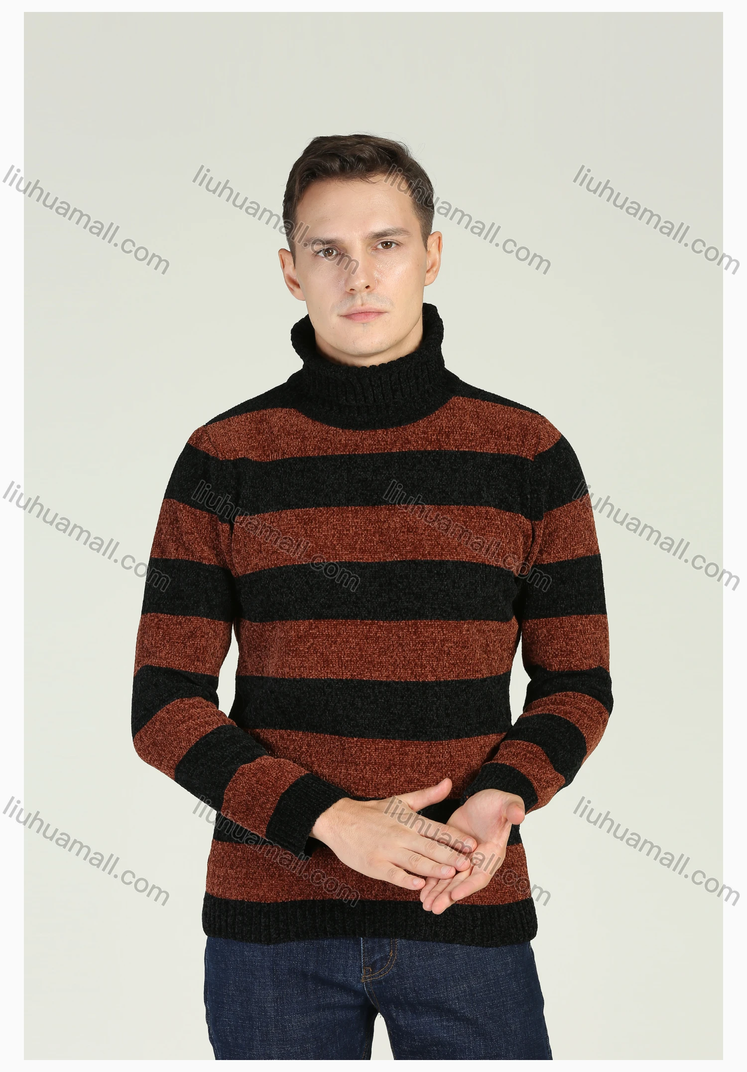 Wholesale Men's Two Tone Striped Turtleneck Long Sleeve Pullover Sweater - Liuhuamall