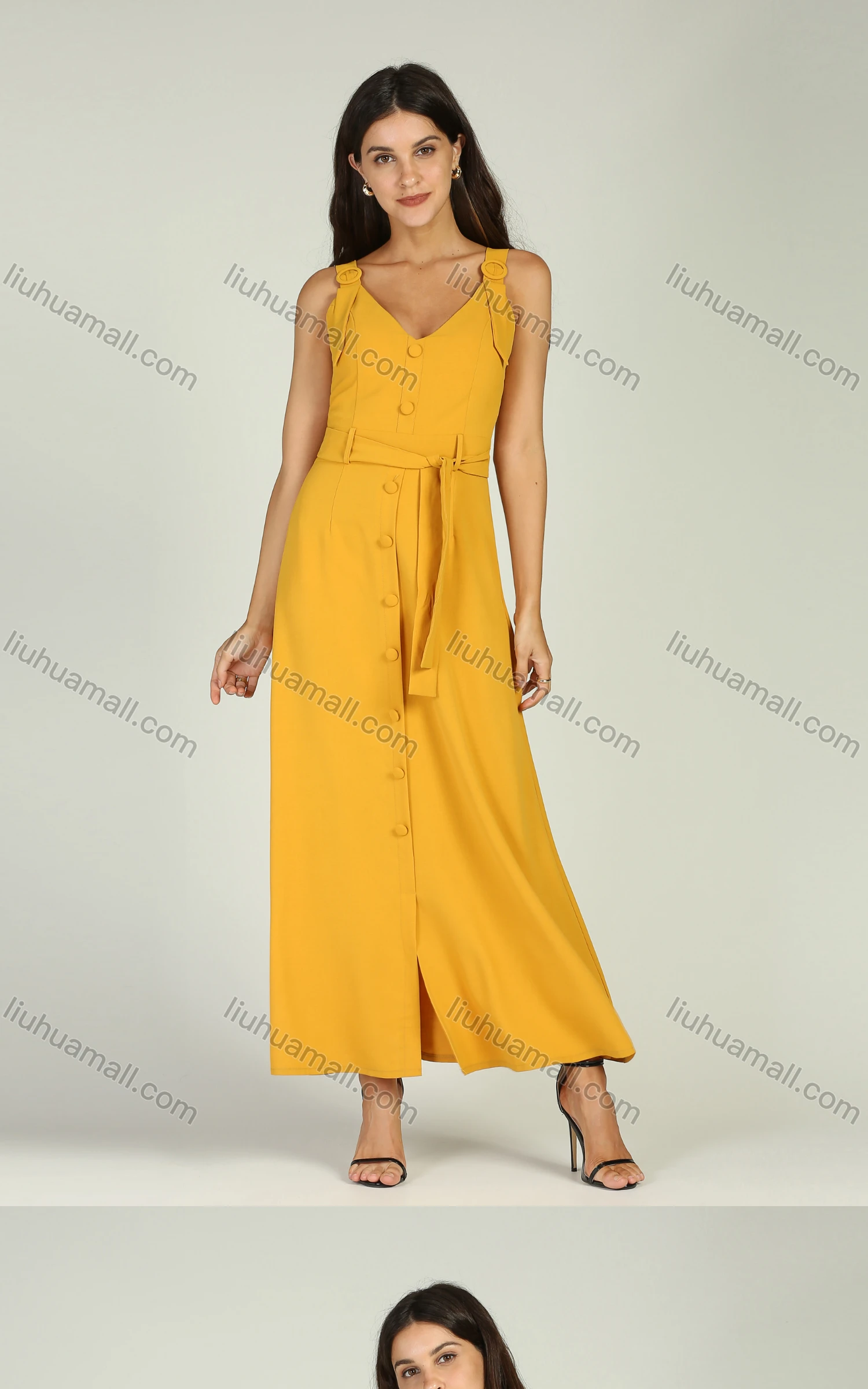 Wholesale Women's Summer Yellow Sleeveless Button Belted Buckle Straps High Waist Dress - Liuhuamall