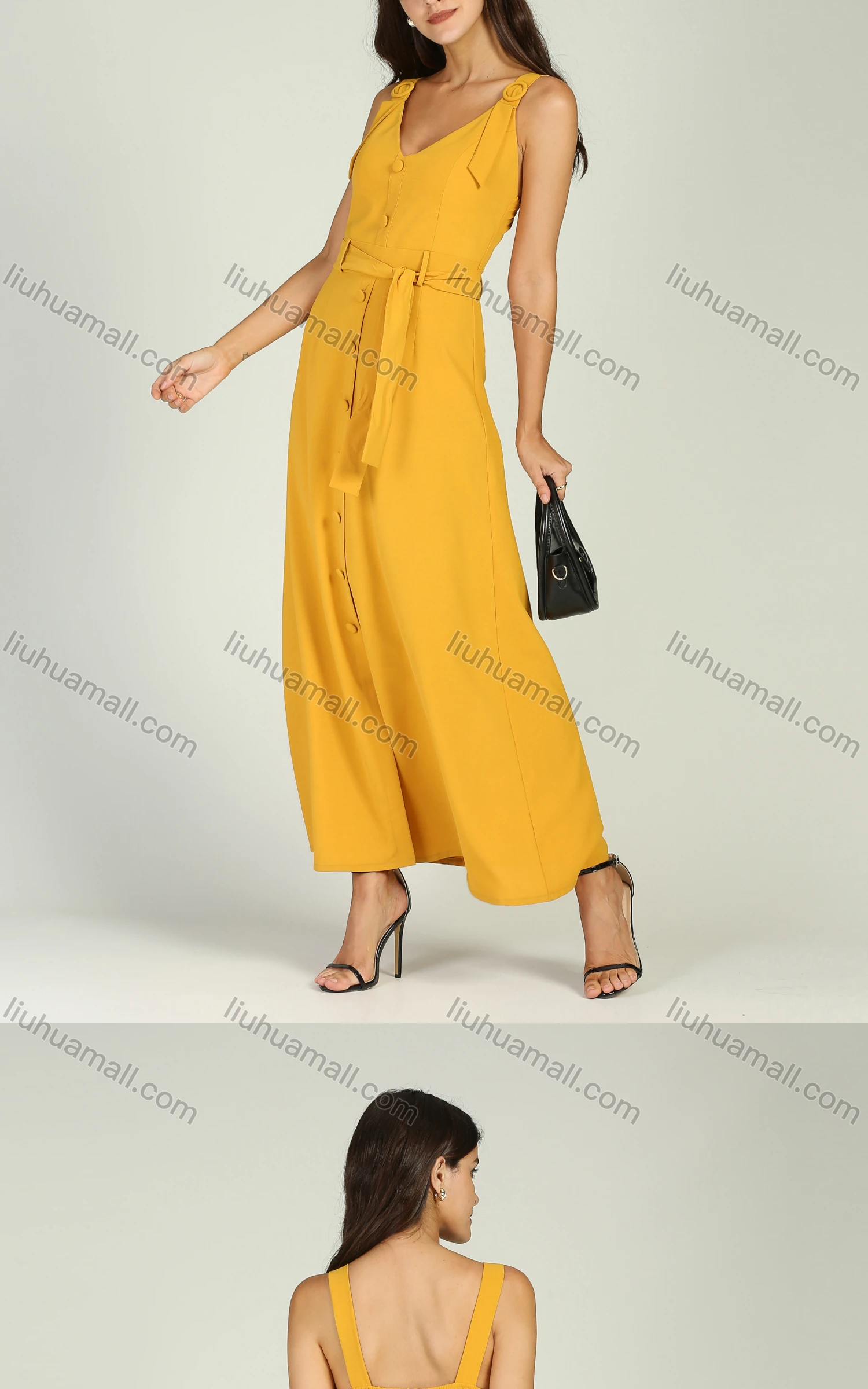 Wholesale Women's Summer Yellow Sleeveless Button Belted Buckle Straps High Waist Dress - Liuhuamall