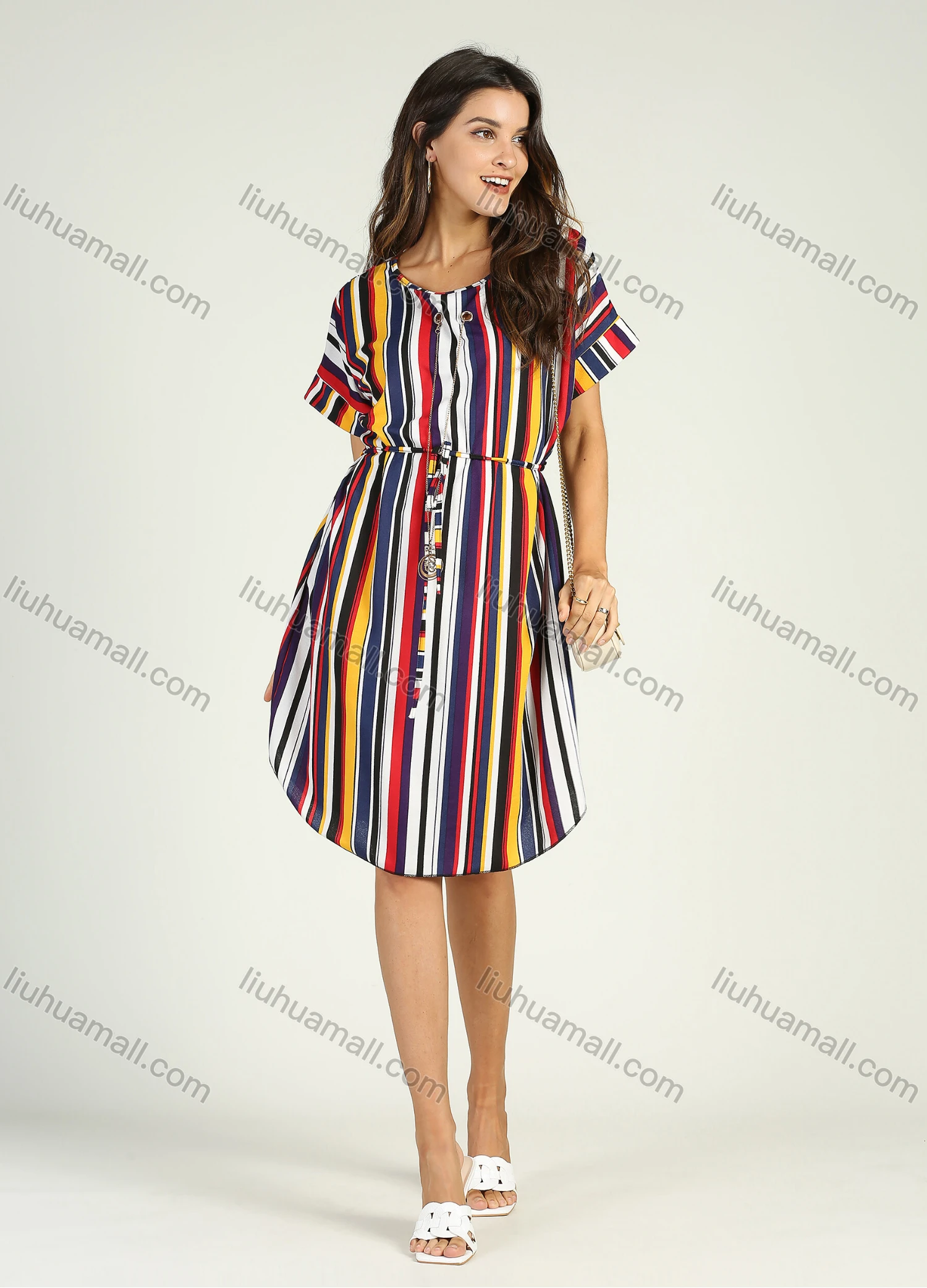 Wholesale Women's Crew Neck Short Sleeve Striped Curve Hem Midi Dress With Belt - Liuhuamall