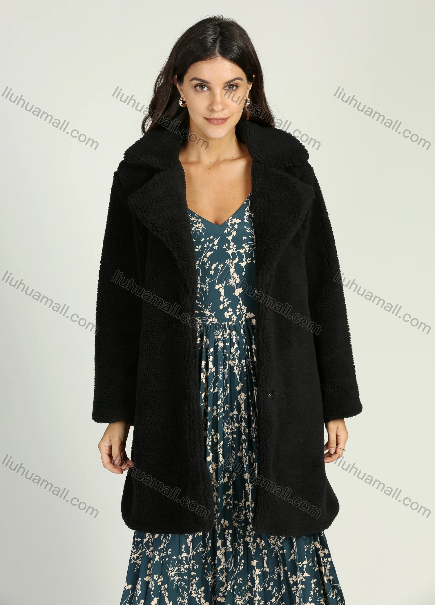 Wholesale Women's Waterfall Collar Button Front Long Fuzzy Teddy Coat - Liuhuamall