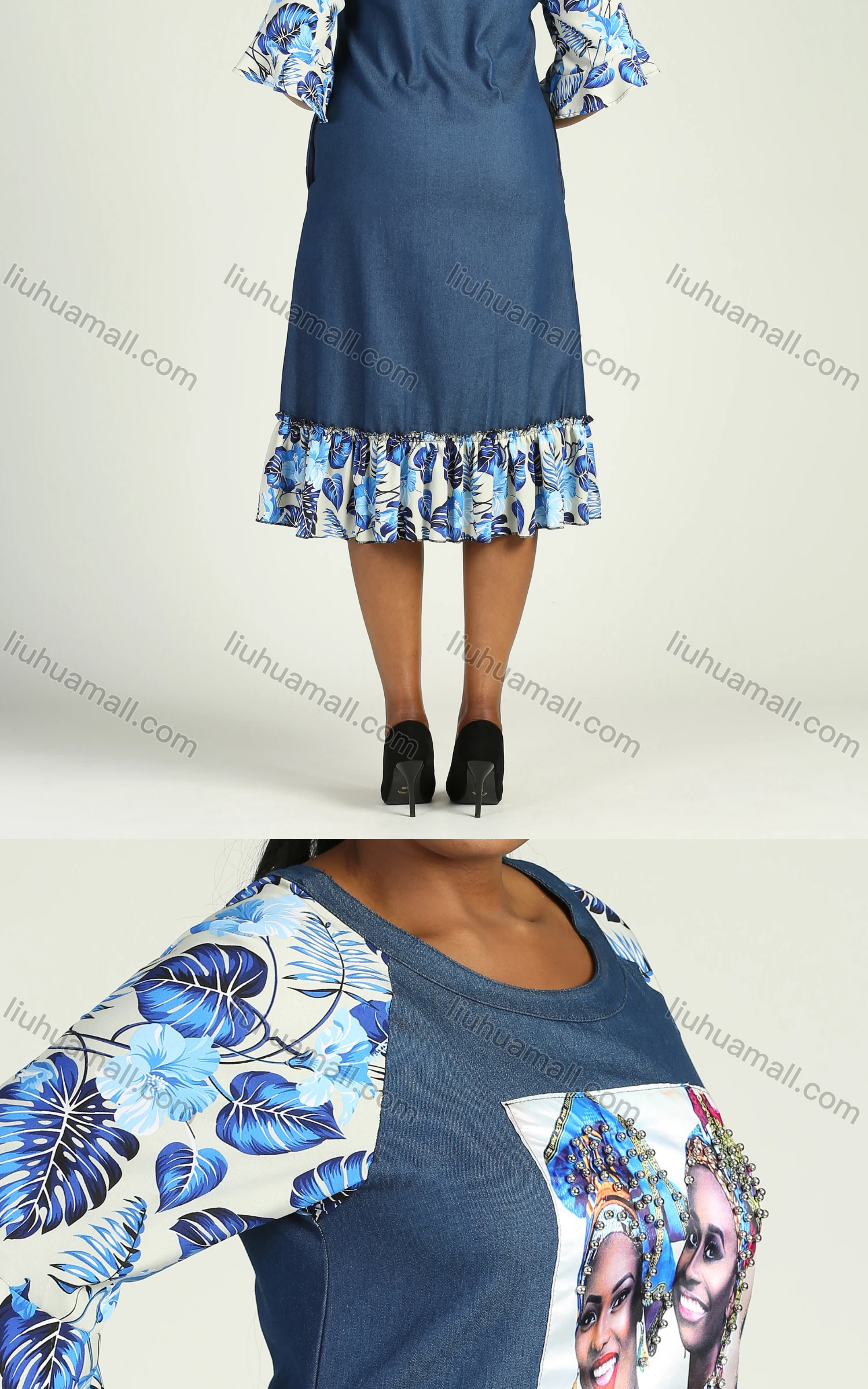 Wholesale Women's Casual Floral Print Half Sleeve Ruffle Hem Slant Pocket Denim Dress - Liuhuamall