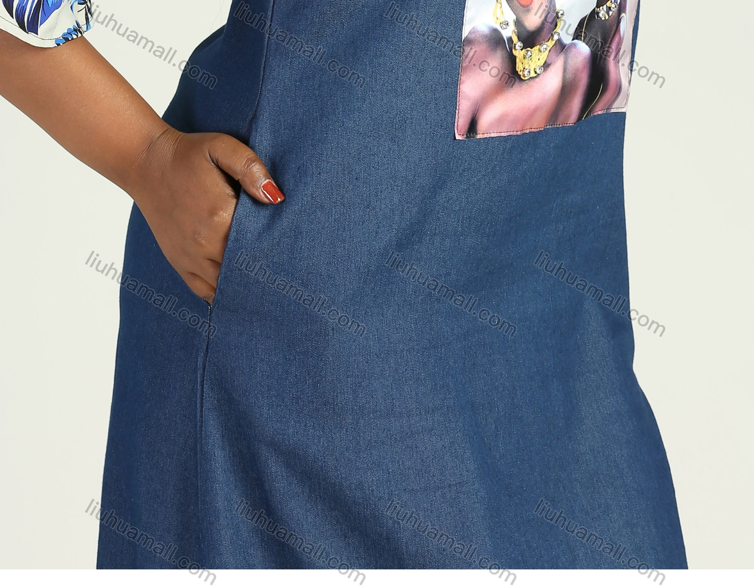 Wholesale Women's Casual Floral Print Half Sleeve Ruffle Hem Slant Pocket Denim Dress - Liuhuamall