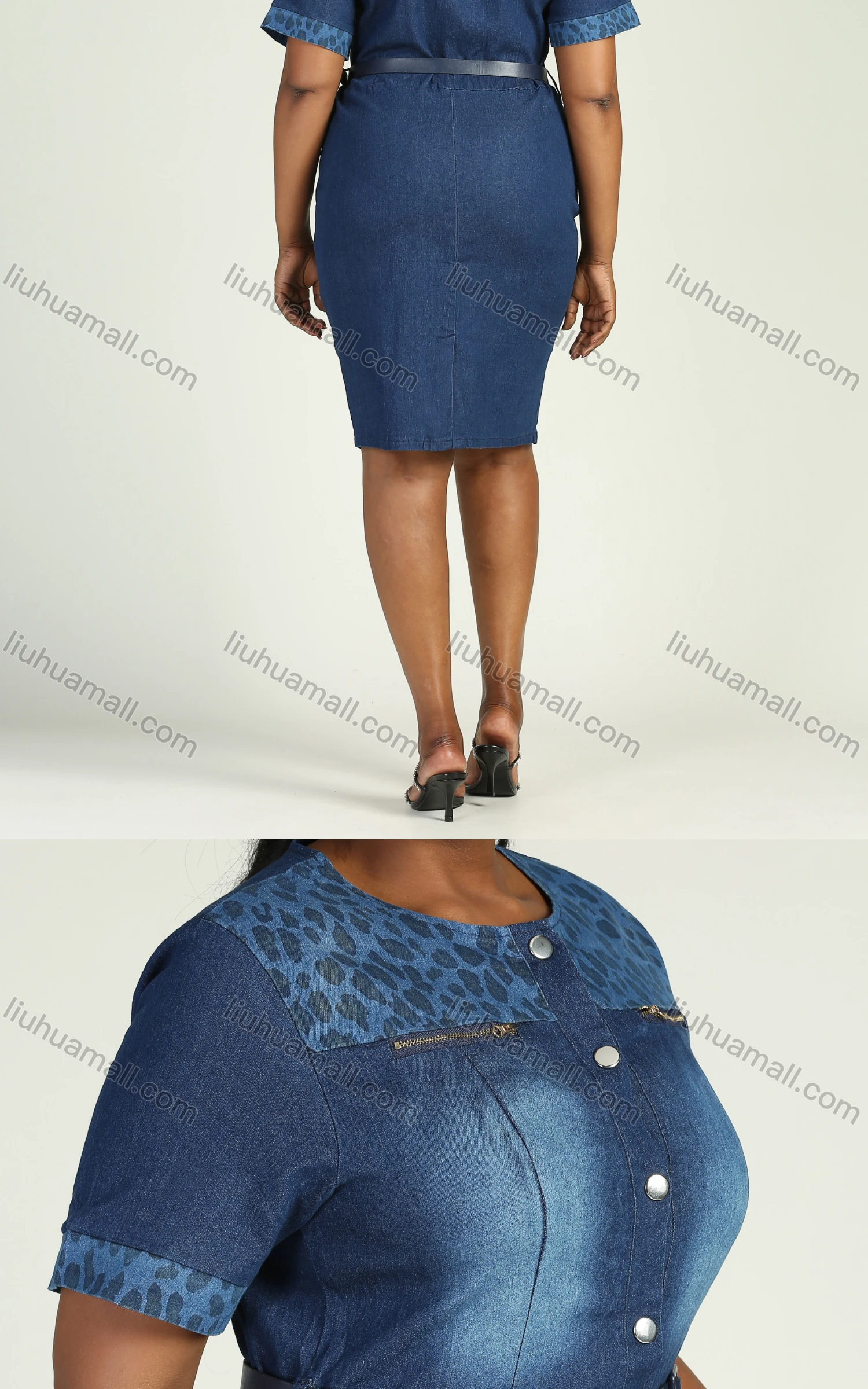 Wholesale Women's Casual Leopard Pattern Button Front Belted Short Sleeve Pockets Midi Denim Dress - Liuhuamall