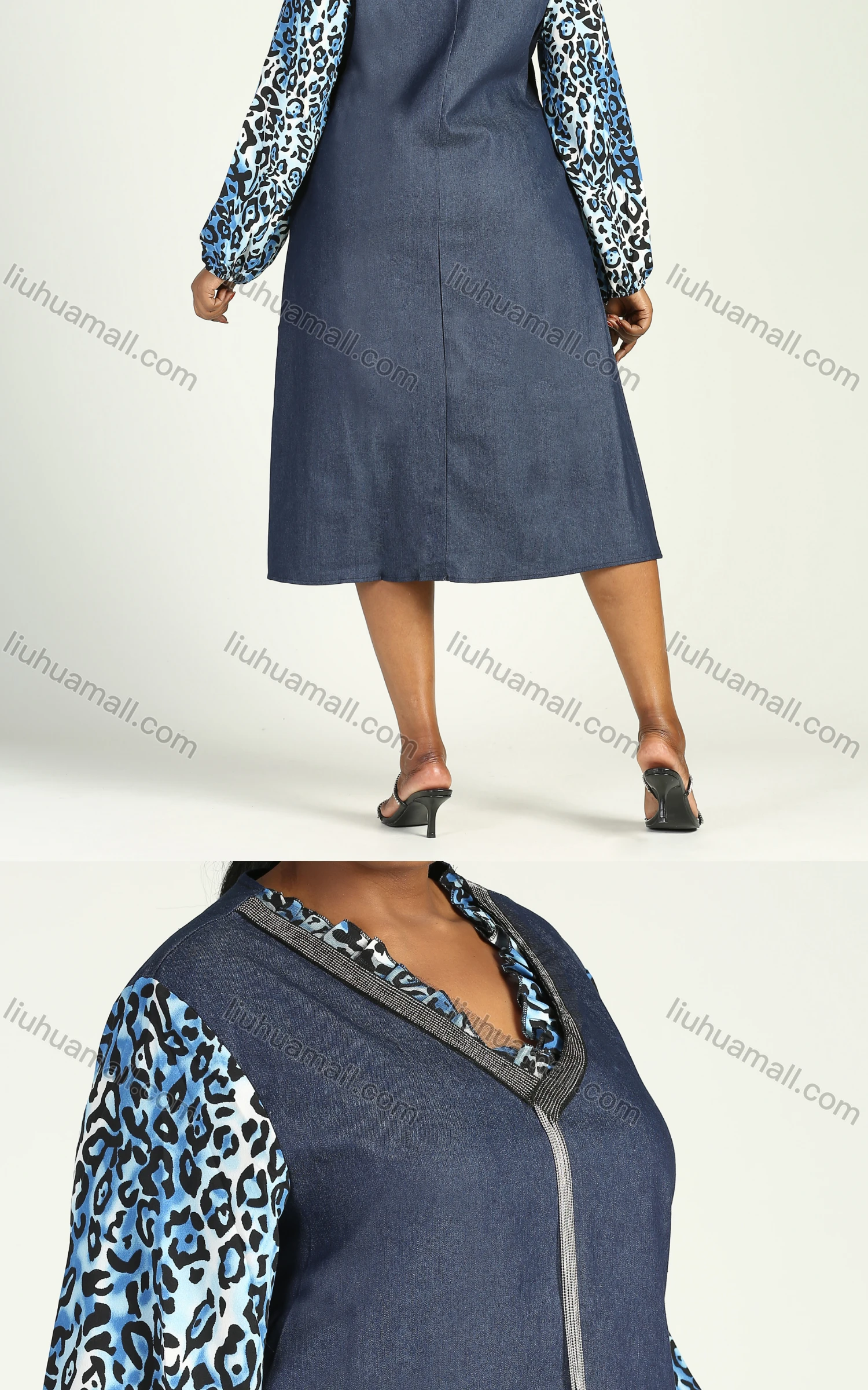 Wholesale Women's Casual V Neck Leopard Print Ruffled Long Puff Sleeve Midi Denim Dress - Liuhuamall