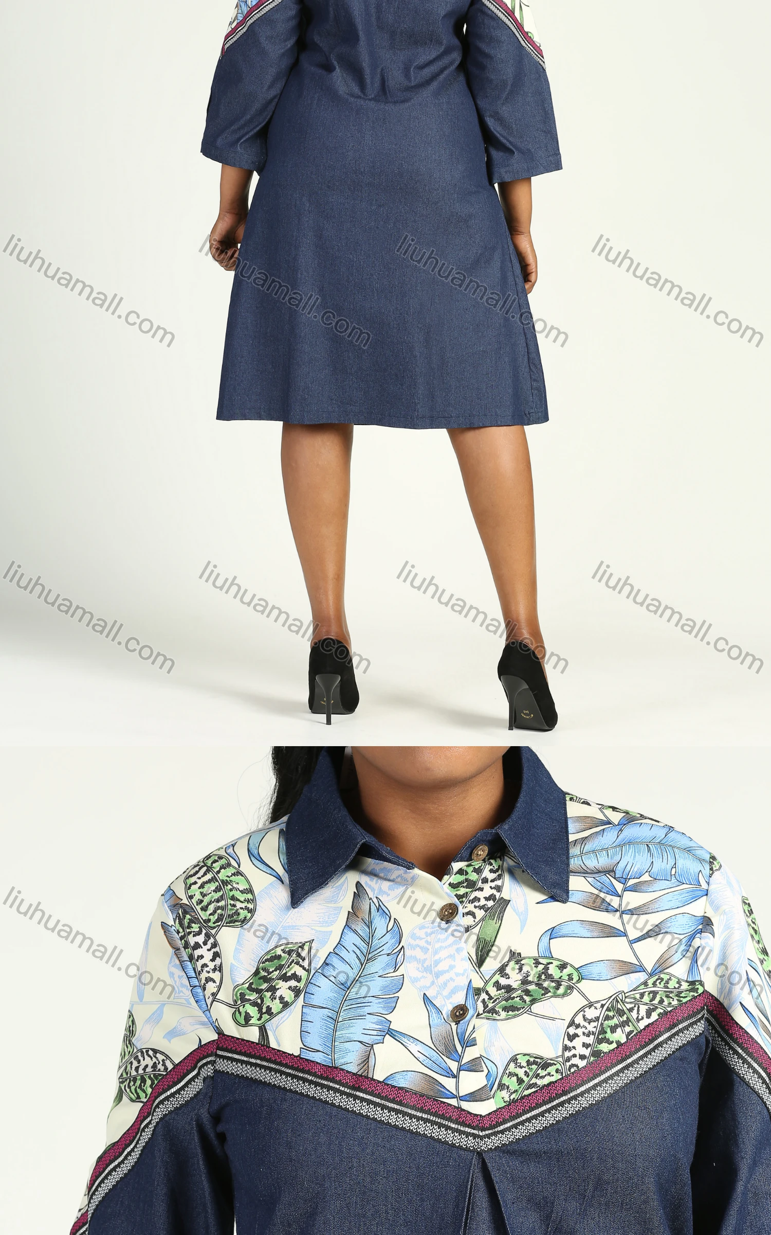 Wholesale Women's Casual 3/4 Sleeve Button Collared Leafy Print Slit Button Cuff Midi Denim Dress - Liuhuamall