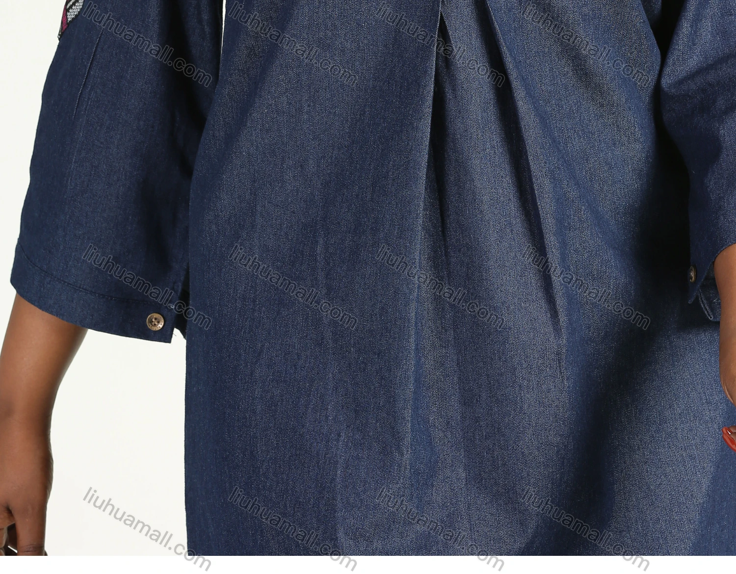 Wholesale Women's Casual 3/4 Sleeve Button Collared Leafy Print Slit Button Cuff Midi Denim Dress - Liuhuamall