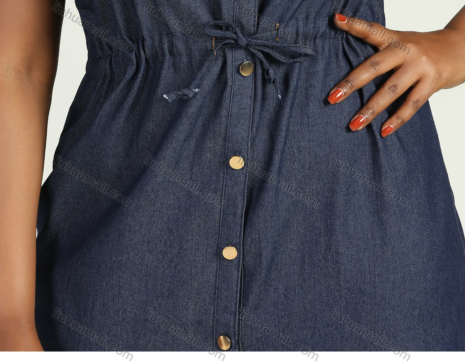 Wholesale Women's Casual Collared Short Ruffle Sleeve Button Down Belted Midi Denim Dress - Liuhuamall