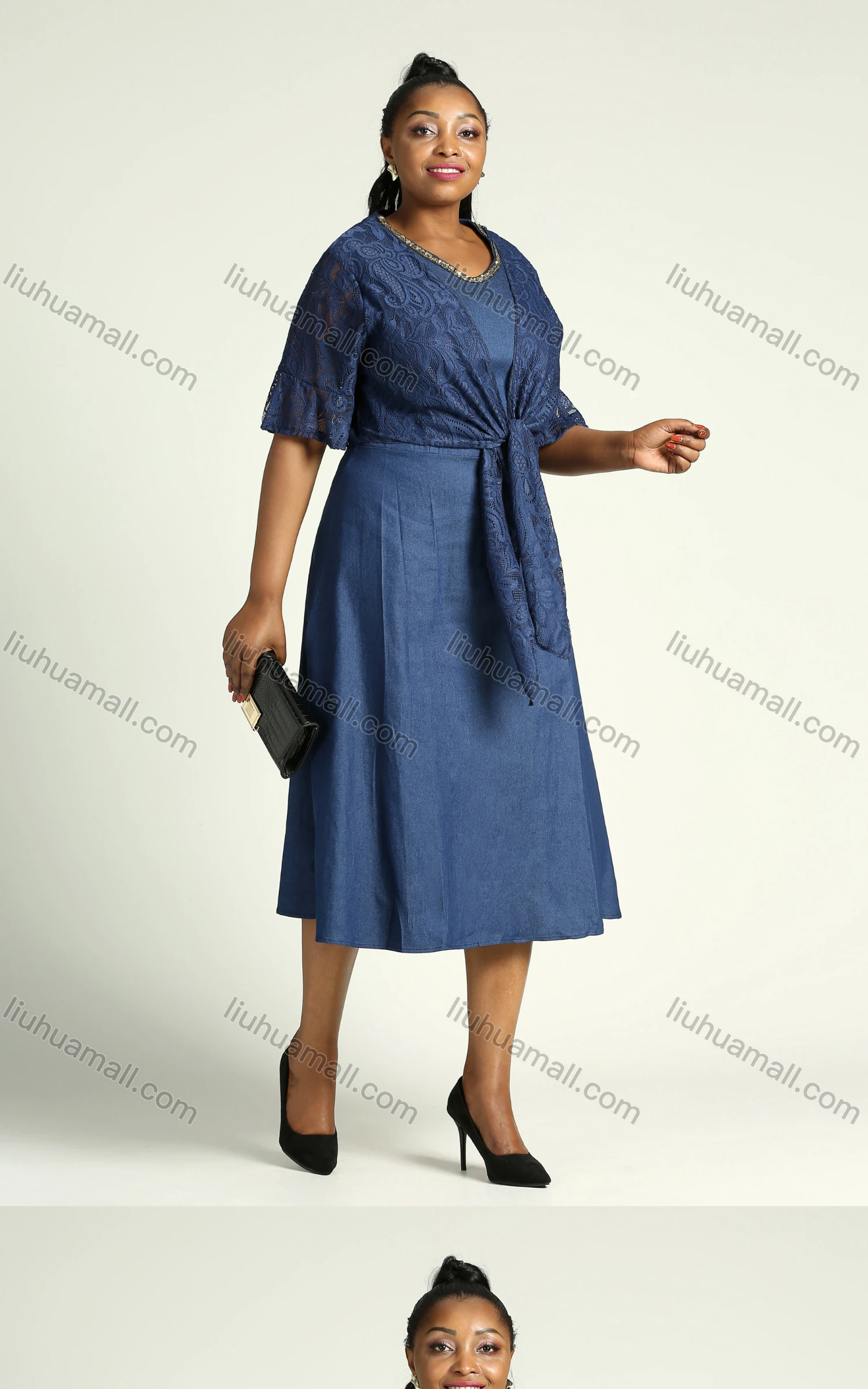 Wholesale Women's Casual Sweetheart Neck Ruffled Half Sleeve Tie Front Midi Denim Dress - Liuhuamall