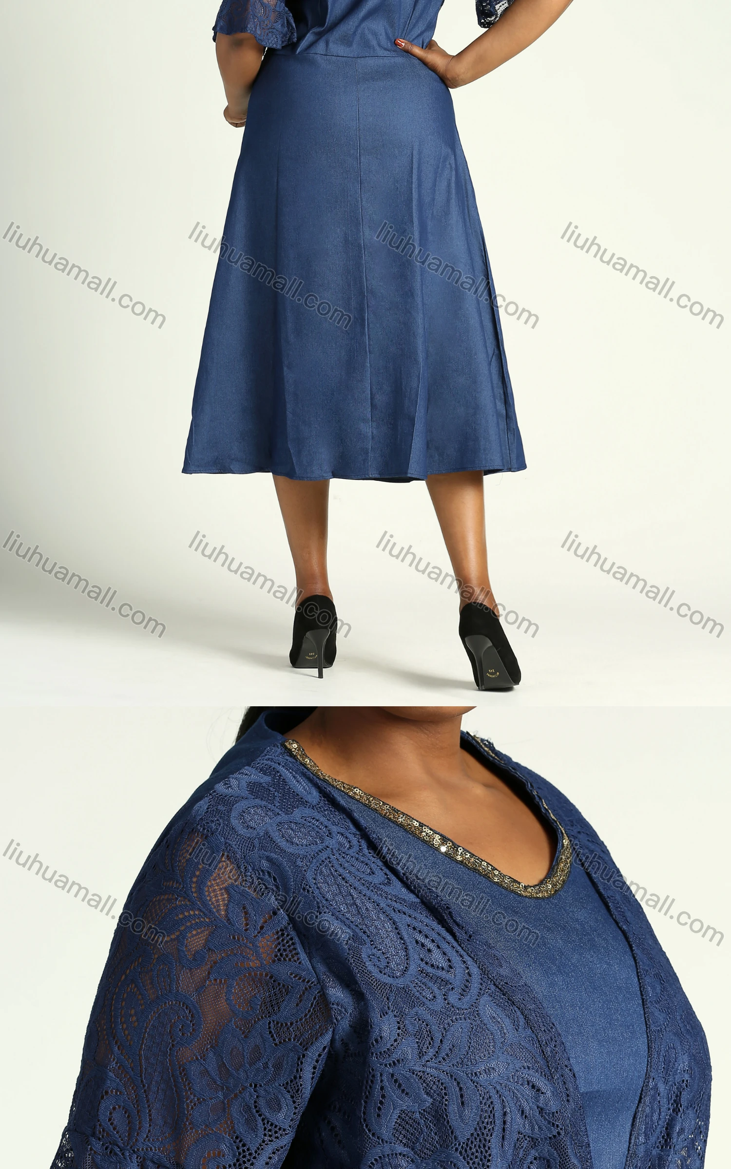 Wholesale Women's Casual Sweetheart Neck Ruffled Half Sleeve Tie Front Midi Denim Dress - Liuhuamall