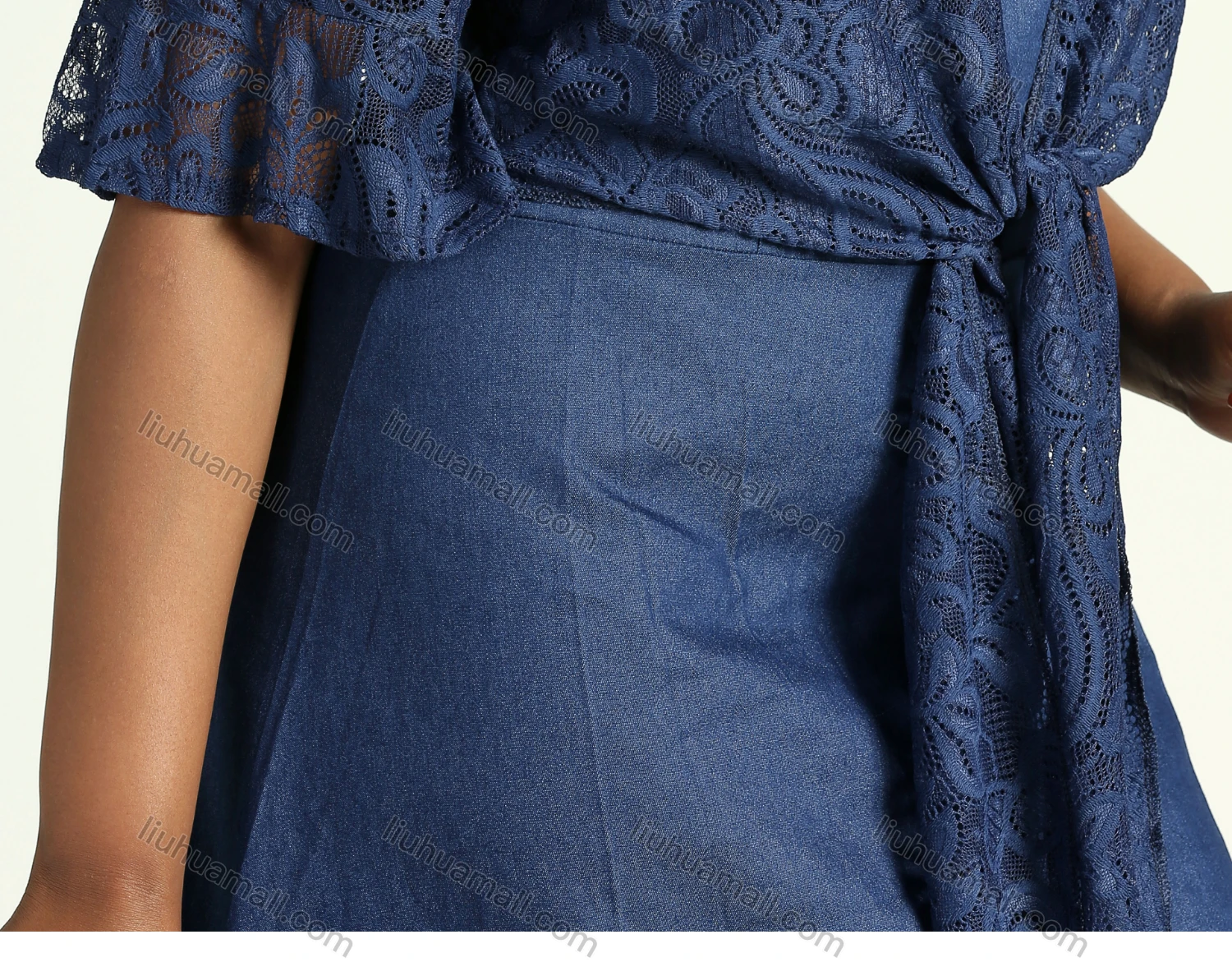 Wholesale Women's Casual Sweetheart Neck Ruffled Half Sleeve Tie Front Midi Denim Dress - Liuhuamall