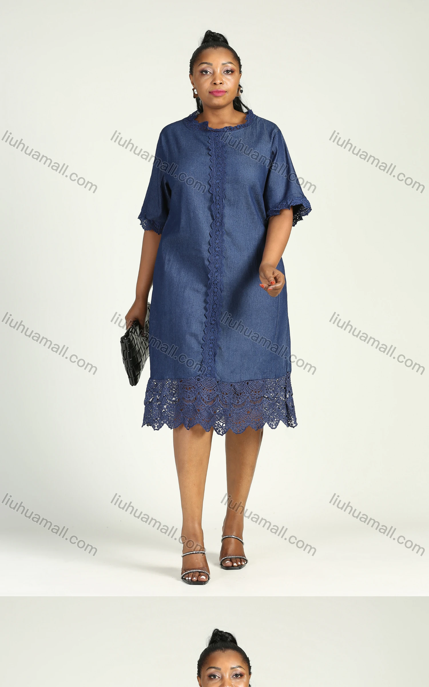 Wholesale Women's Casual Crew Neck Half Sleeve Petal Hem Midi Denim Dress - Liuhuamall