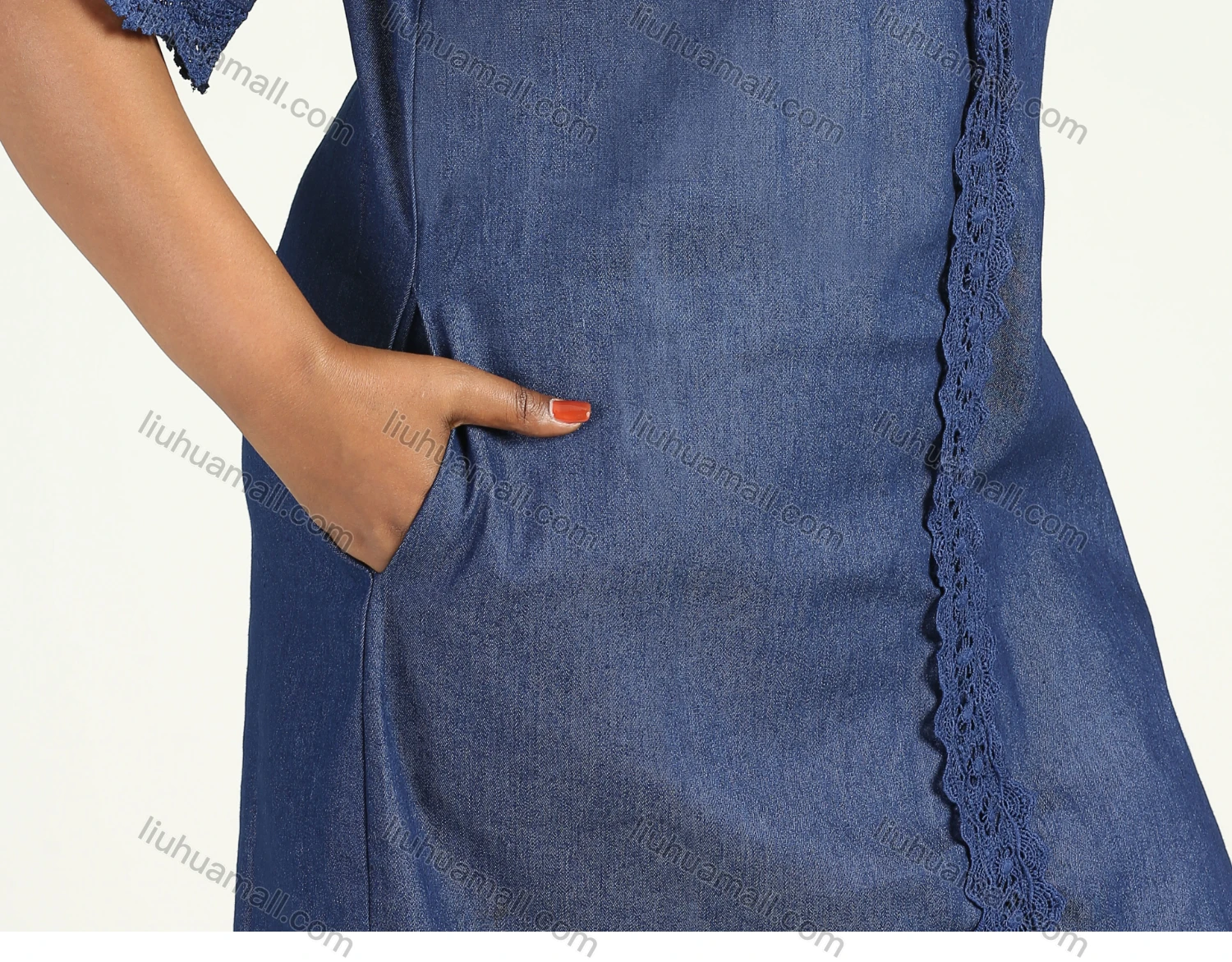 Wholesale Women's Casual Crew Neck Half Sleeve Petal Hem Midi Denim Dress - Liuhuamall