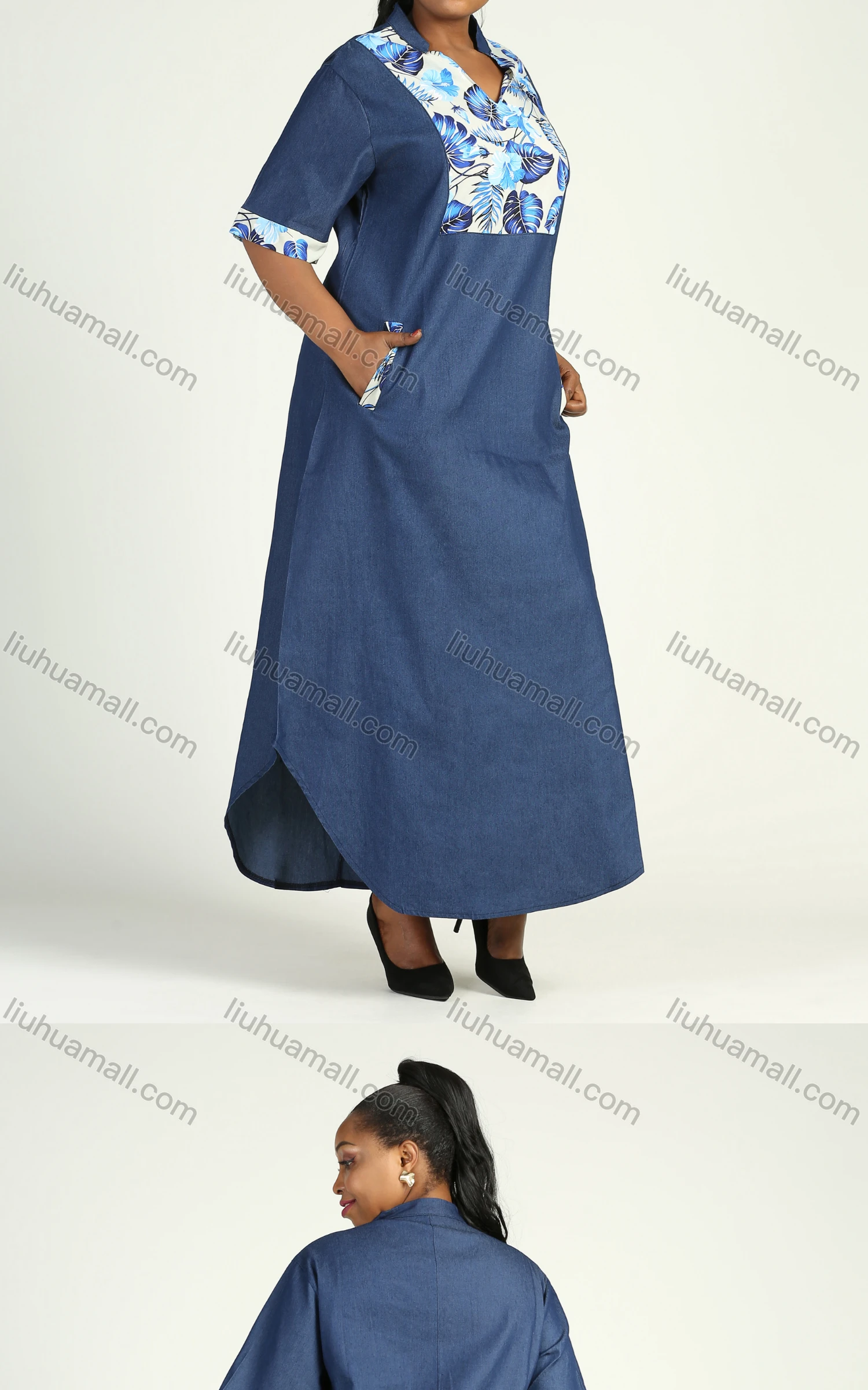 Wholesale Women's Casual Turn-down Collar Floral Print Curved Hem Dual Pockets Denim Dress - Liuhuamall