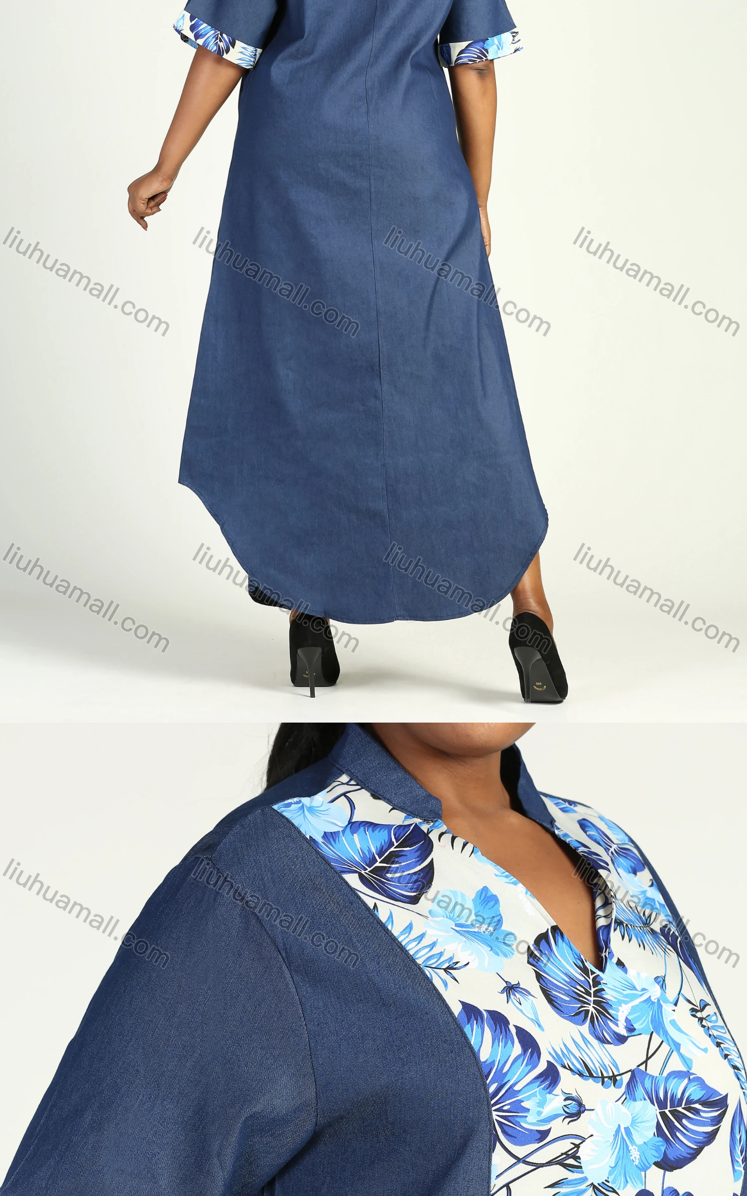 Wholesale Women's Casual Turn-down Collar Floral Print Curved Hem Dual Pockets Denim Dress - Liuhuamall