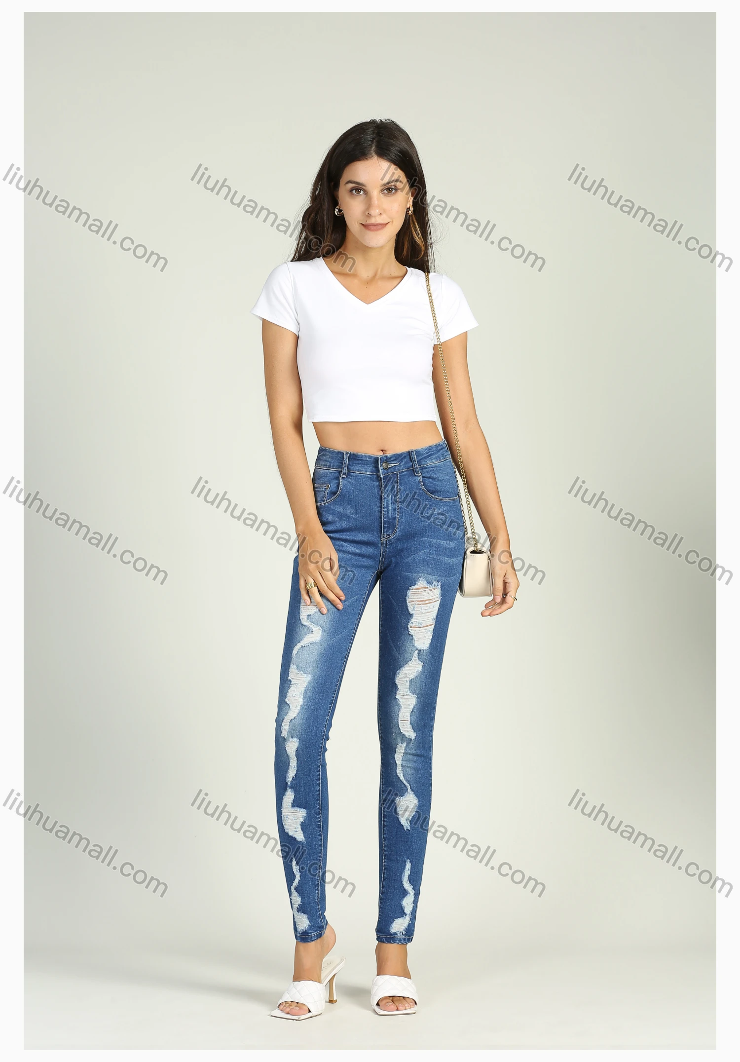 Wholesale Women's High Waist Stretch Distressed Ripped Skinny Jeans - Liuhuamall