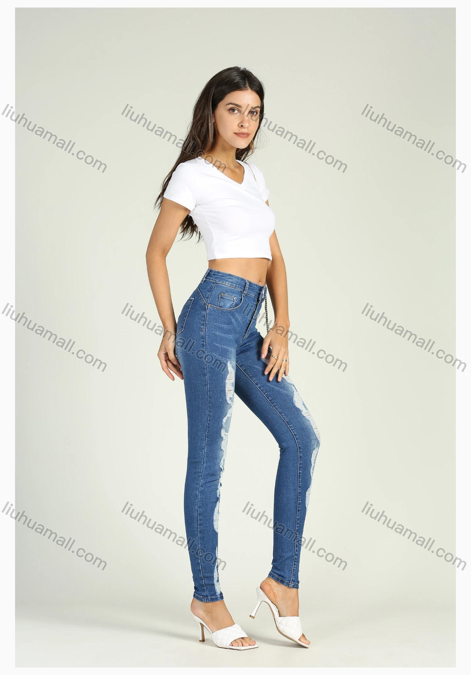 Wholesale Women's High Waist Stretch Distressed Ripped Skinny Jeans - Liuhuamall