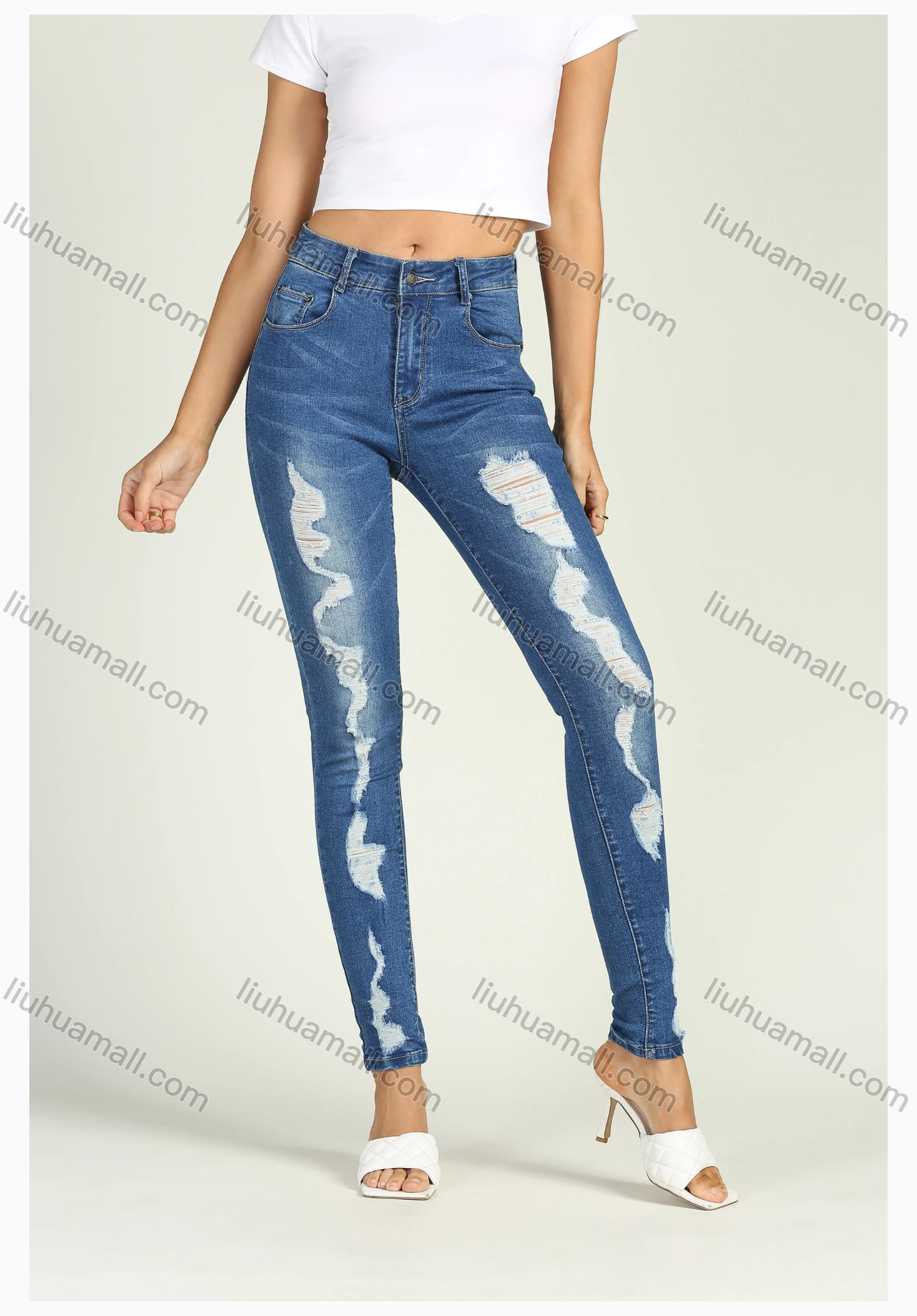 Wholesale Women's High Waist Stretch Distressed Ripped Skinny Jeans - Liuhuamall