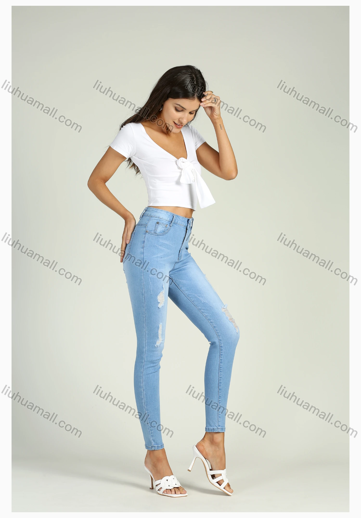 Wholesale Women's Casual Distressed Ripped High Waist Stretch Skinny Jeans - Liuhuamall