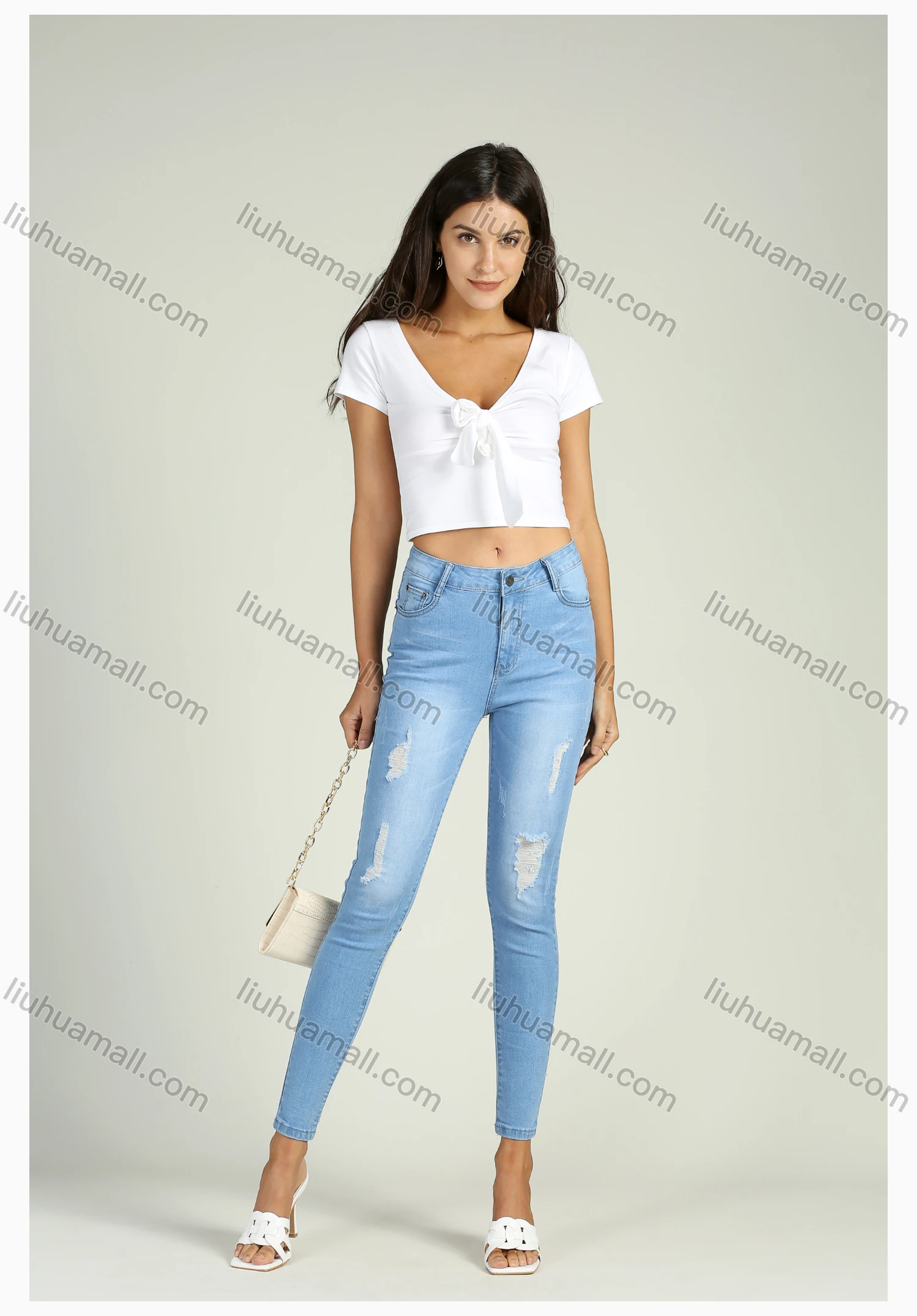 Wholesale Women's Casual Distressed Ripped High Waist Stretch Skinny Jeans - Liuhuamall