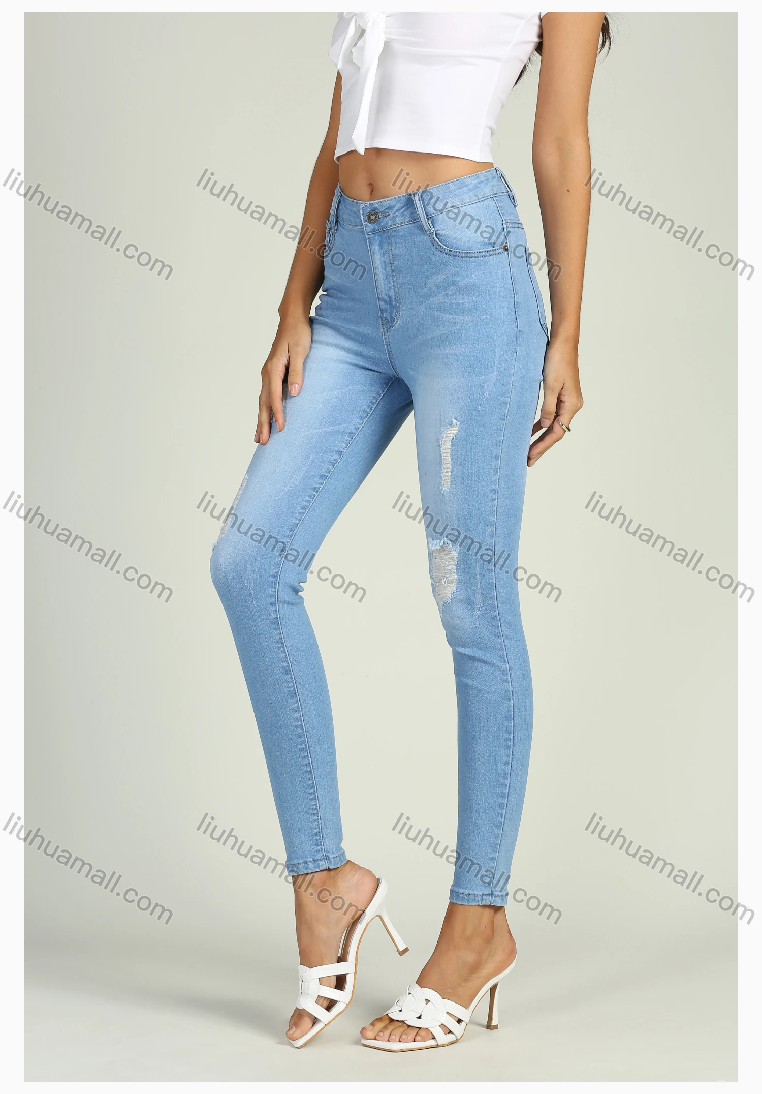 Wholesale Women's Casual Distressed Ripped High Waist Stretch Skinny Jeans - Liuhuamall
