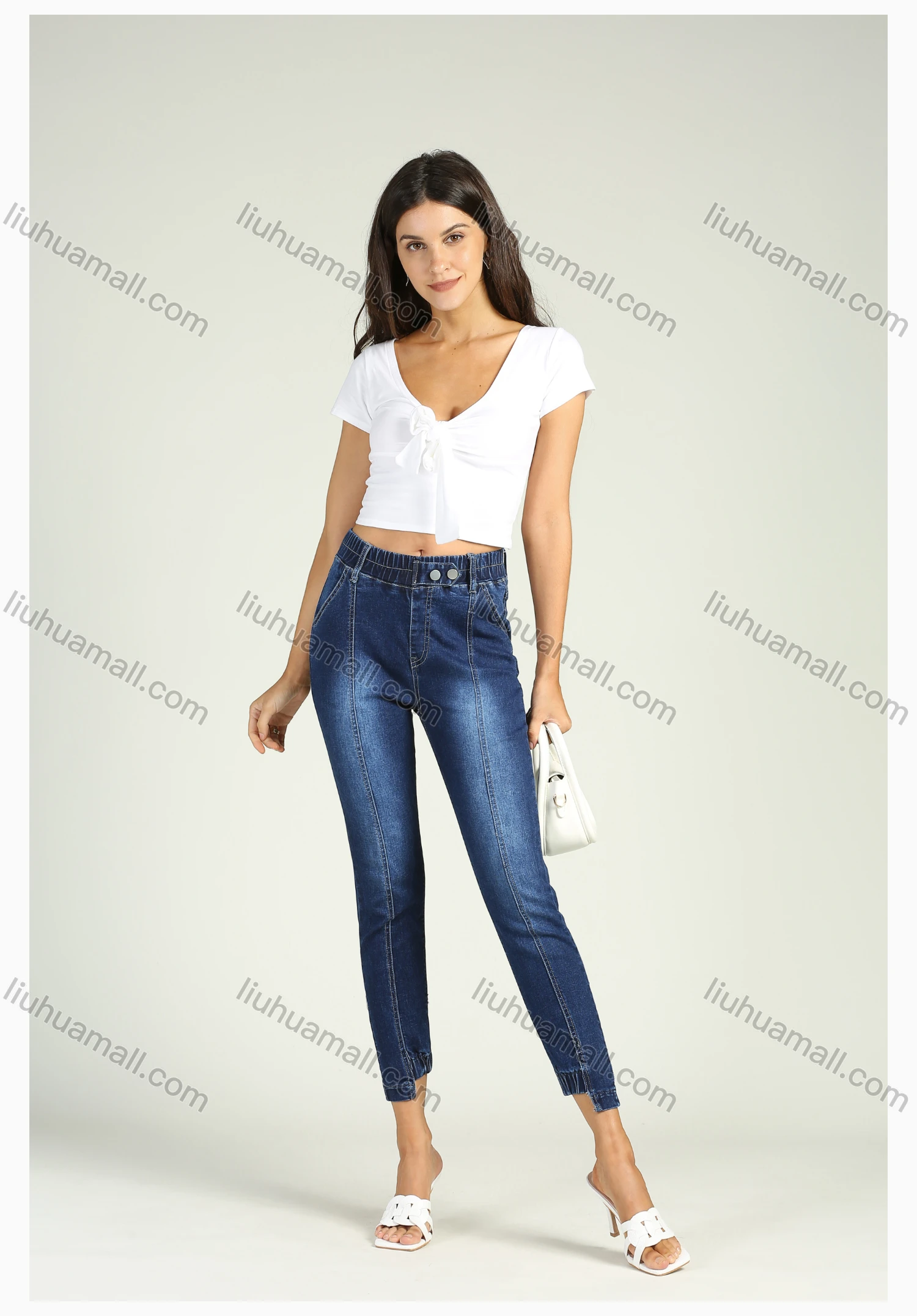 Wholesale Women's Elastic Waist Stretch Asymmetrical Ankle Length Skinny Jeans - Liuhuamall