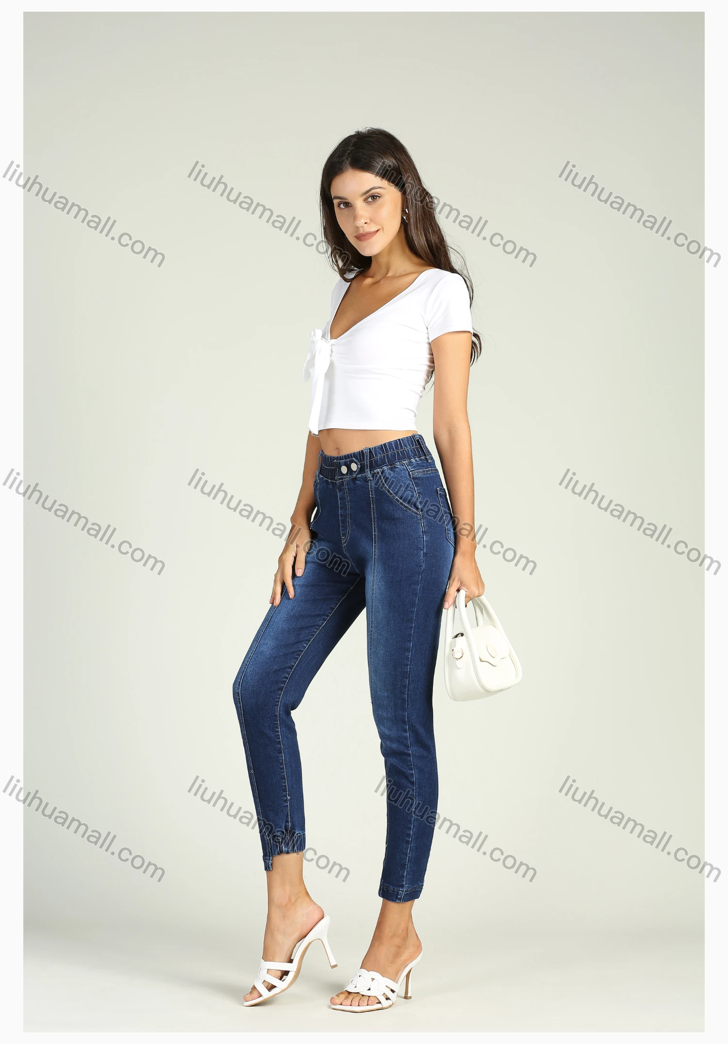 Wholesale Women's Elastic Waist Stretch Asymmetrical Ankle Length Skinny Jeans - Liuhuamall