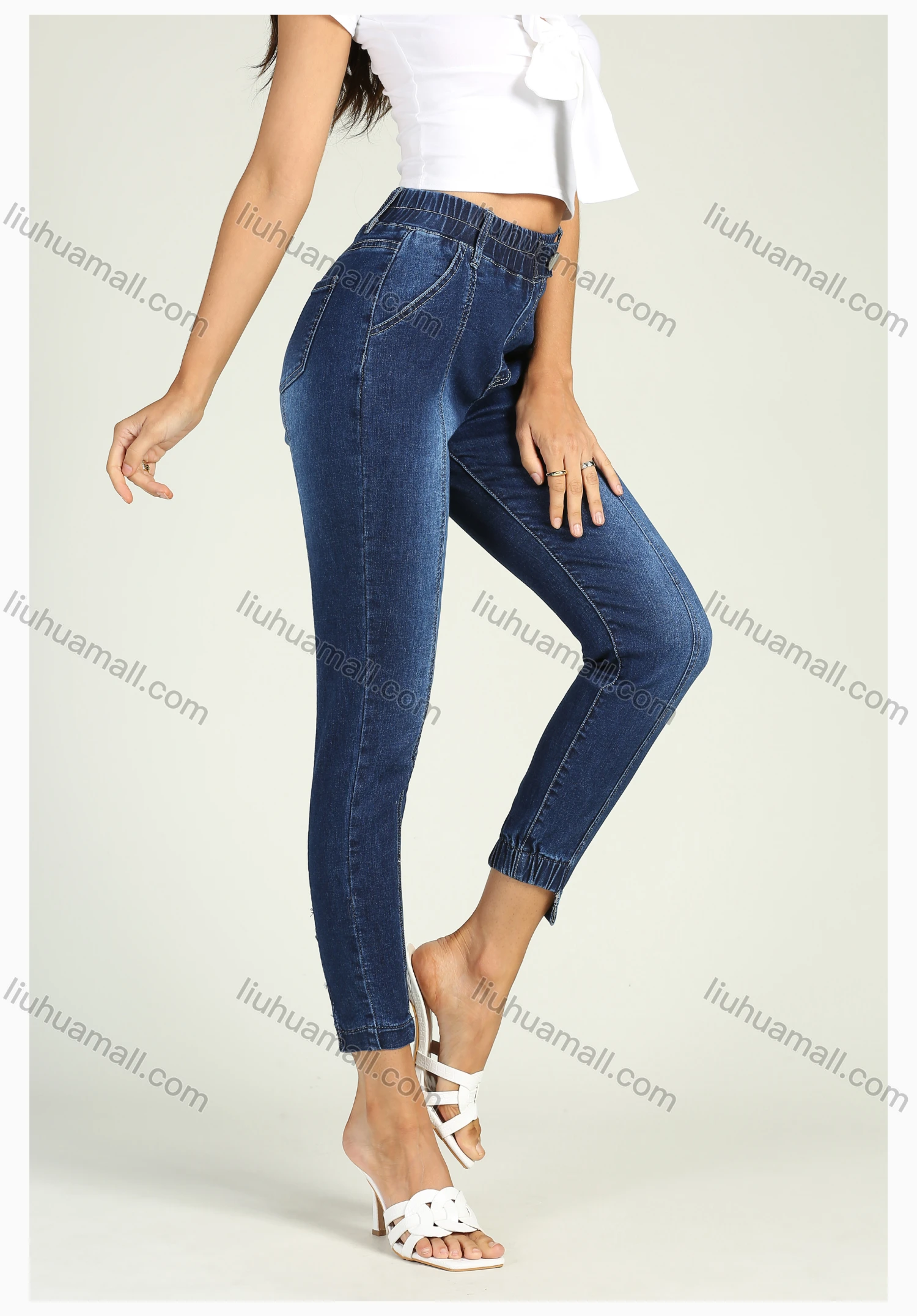 Wholesale Women's Elastic Waist Stretch Asymmetrical Ankle Length Skinny Jeans - Liuhuamall