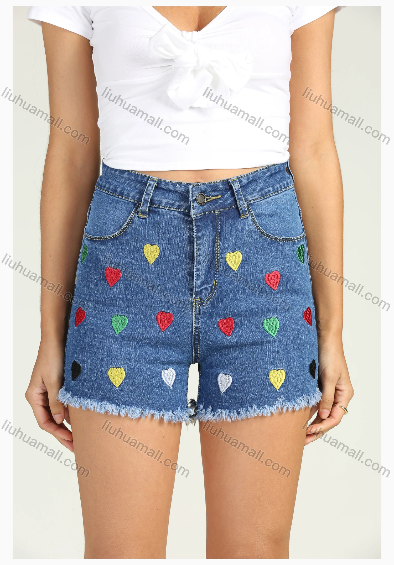 Wholesale Women's Lovely Embroidery Heart High Waist Frayed Raw Hem Denim Short - Liuhuamall