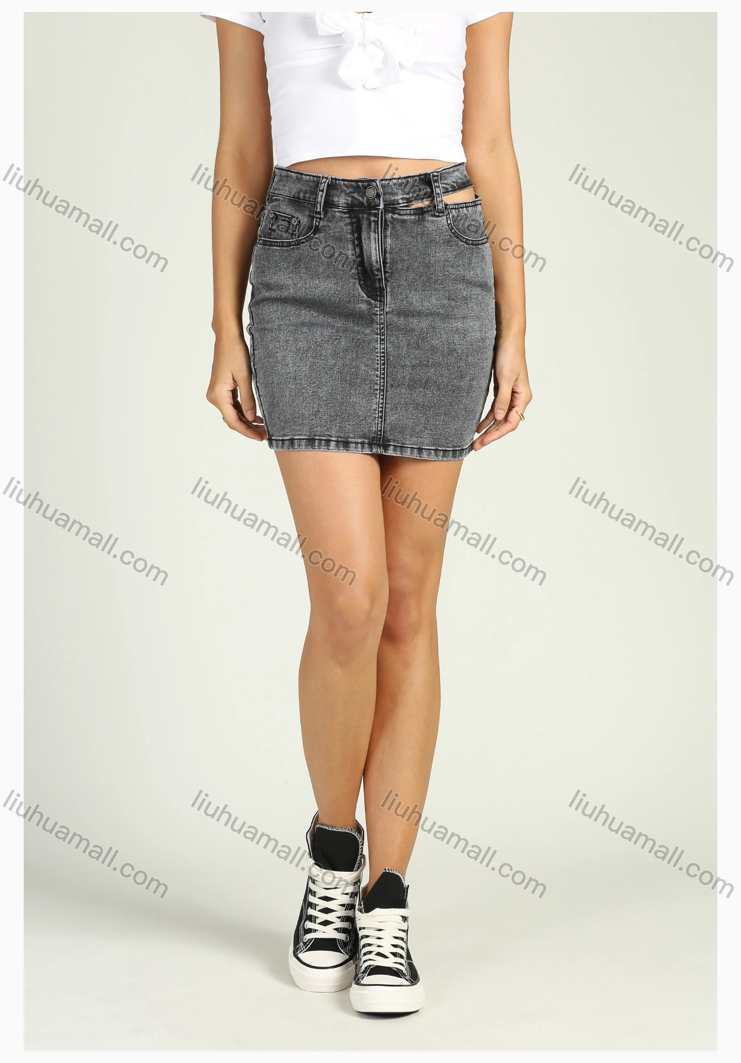 Wholesale Women's High Waist Slit Hem Cutout Distressed Denim Mini Skirt - Liuhuamall