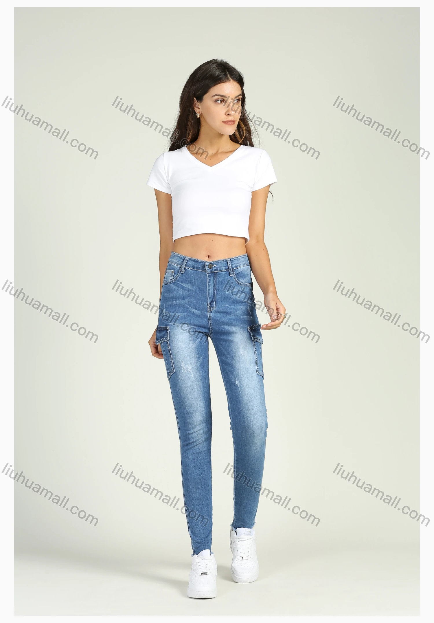 Wholesale Women's High Waist Washed Stretch Flap Pocket Raw Hem Skinny Jeans - Liuhuamall