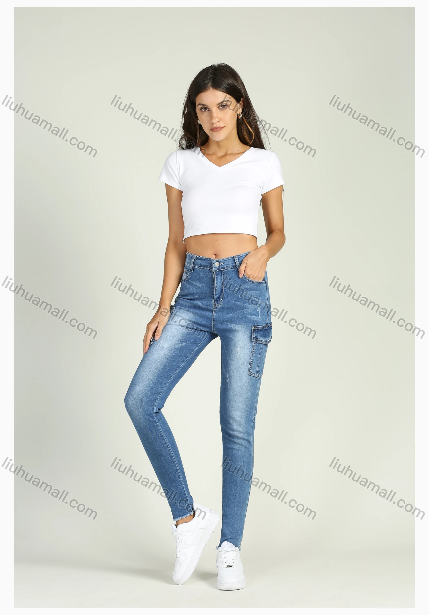 Wholesale Women's High Waist Washed Stretch Flap Pocket Raw Hem Skinny Jeans - Liuhuamall