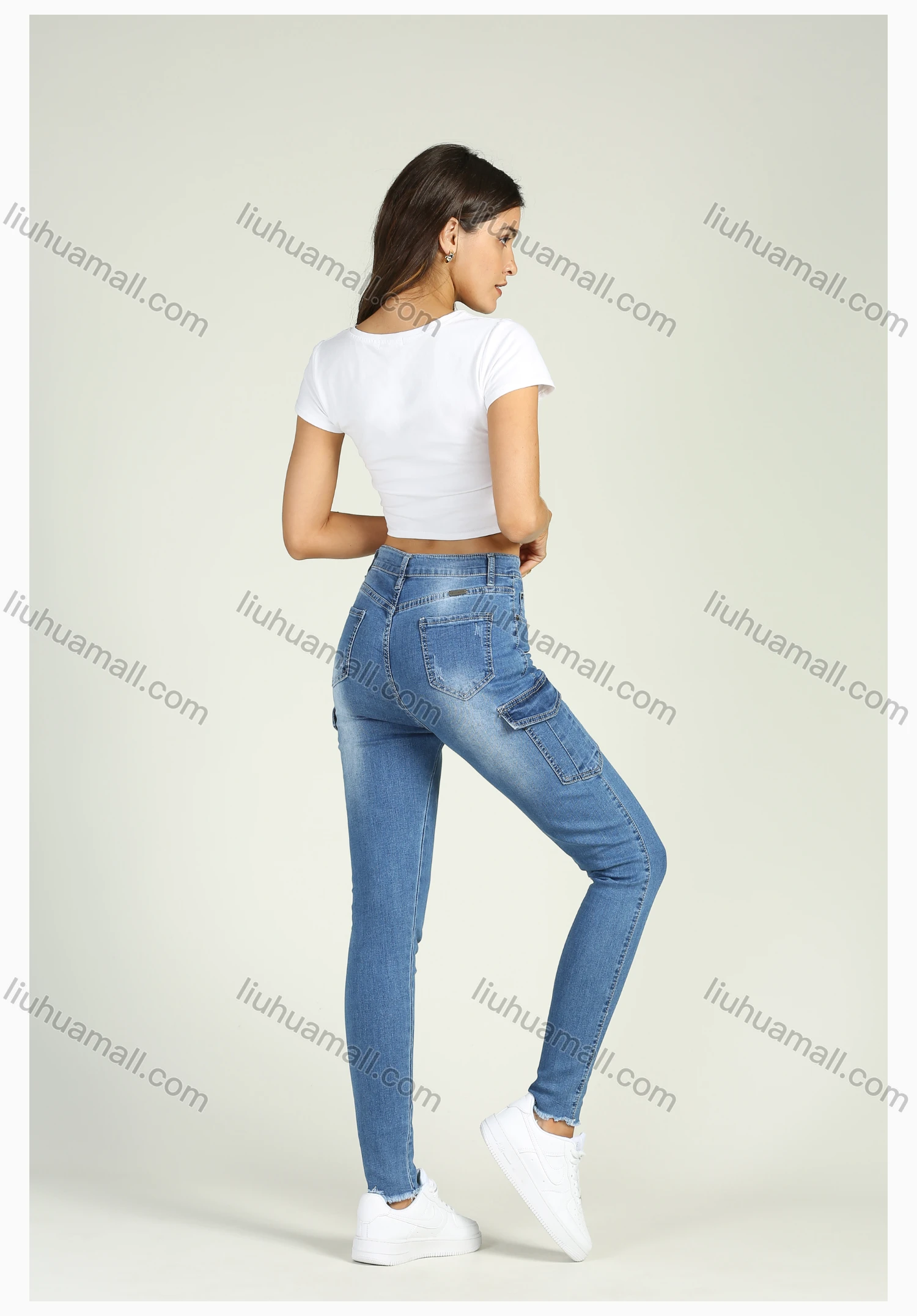 Wholesale Women's High Waist Washed Stretch Flap Pocket Raw Hem Skinny Jeans - Liuhuamall
