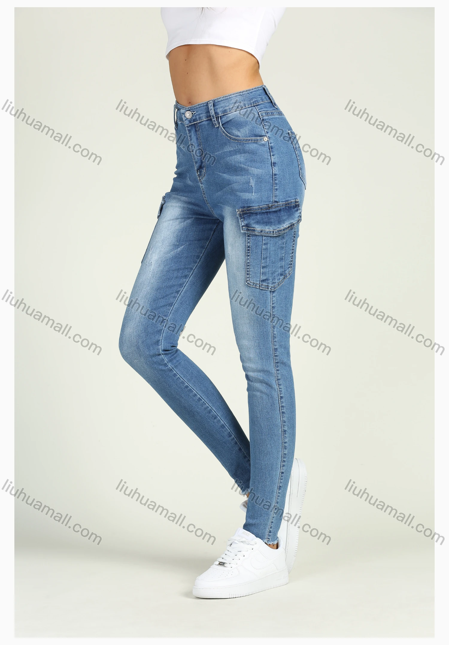 Wholesale Women's High Waist Washed Stretch Flap Pocket Raw Hem Skinny Jeans - Liuhuamall