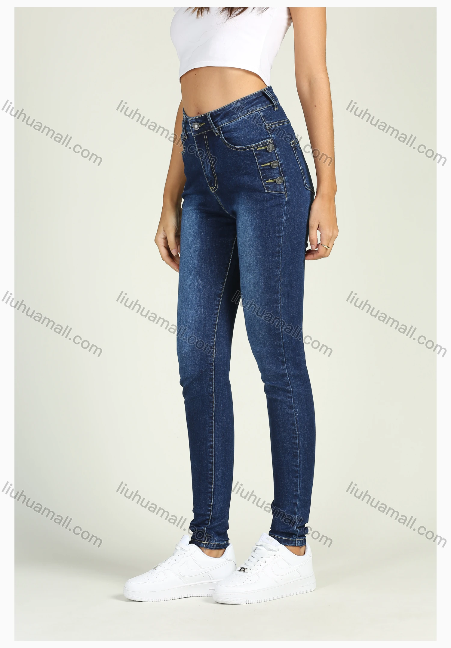 Wholesale Women's High Waist Stretch Washed Button Decor Skinny Jeans - Liuhuamall