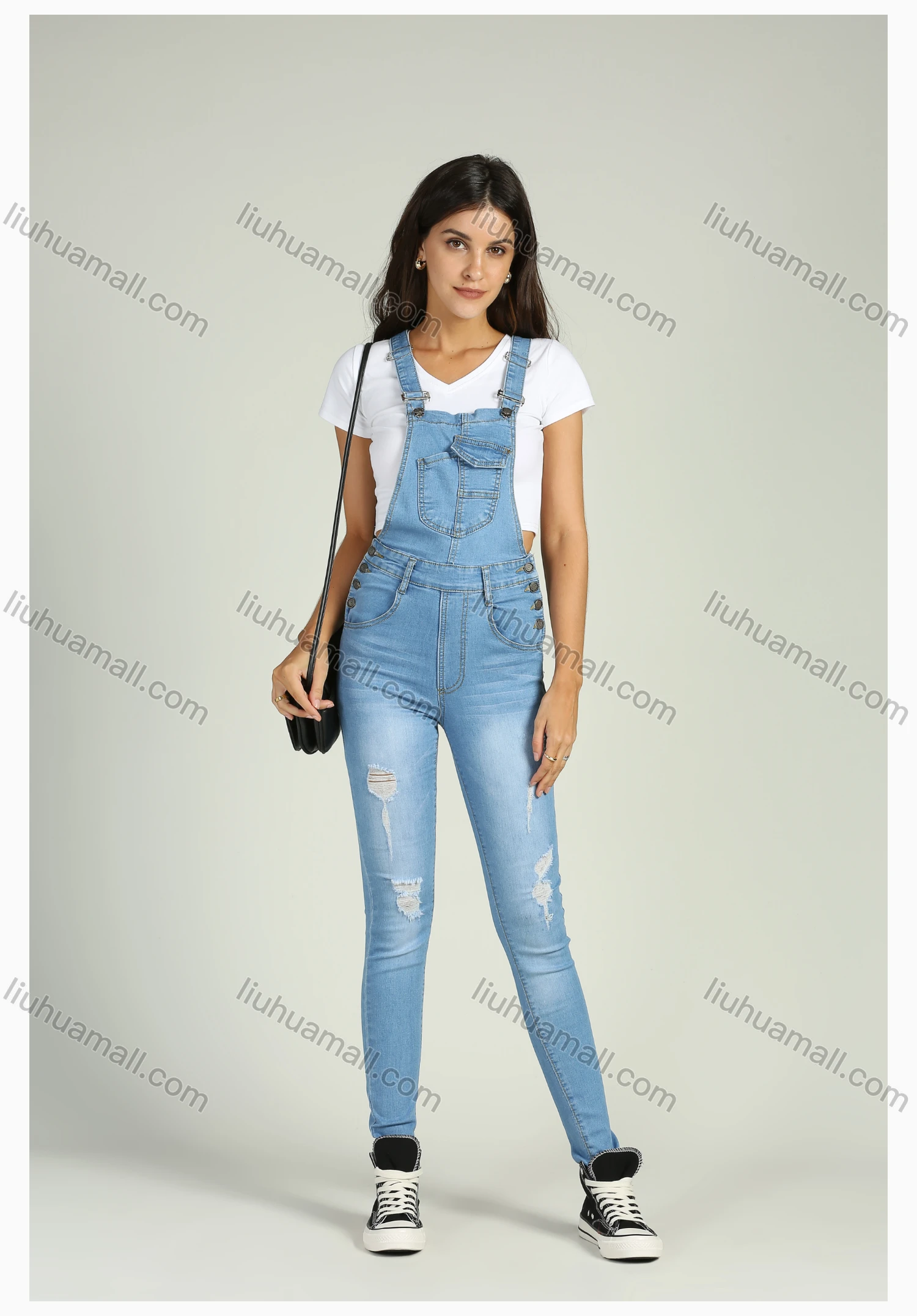 Wholesale Women's Casual Adjustable Strap Distressed Ripped Skinny Denim Overall - Liuhuamall