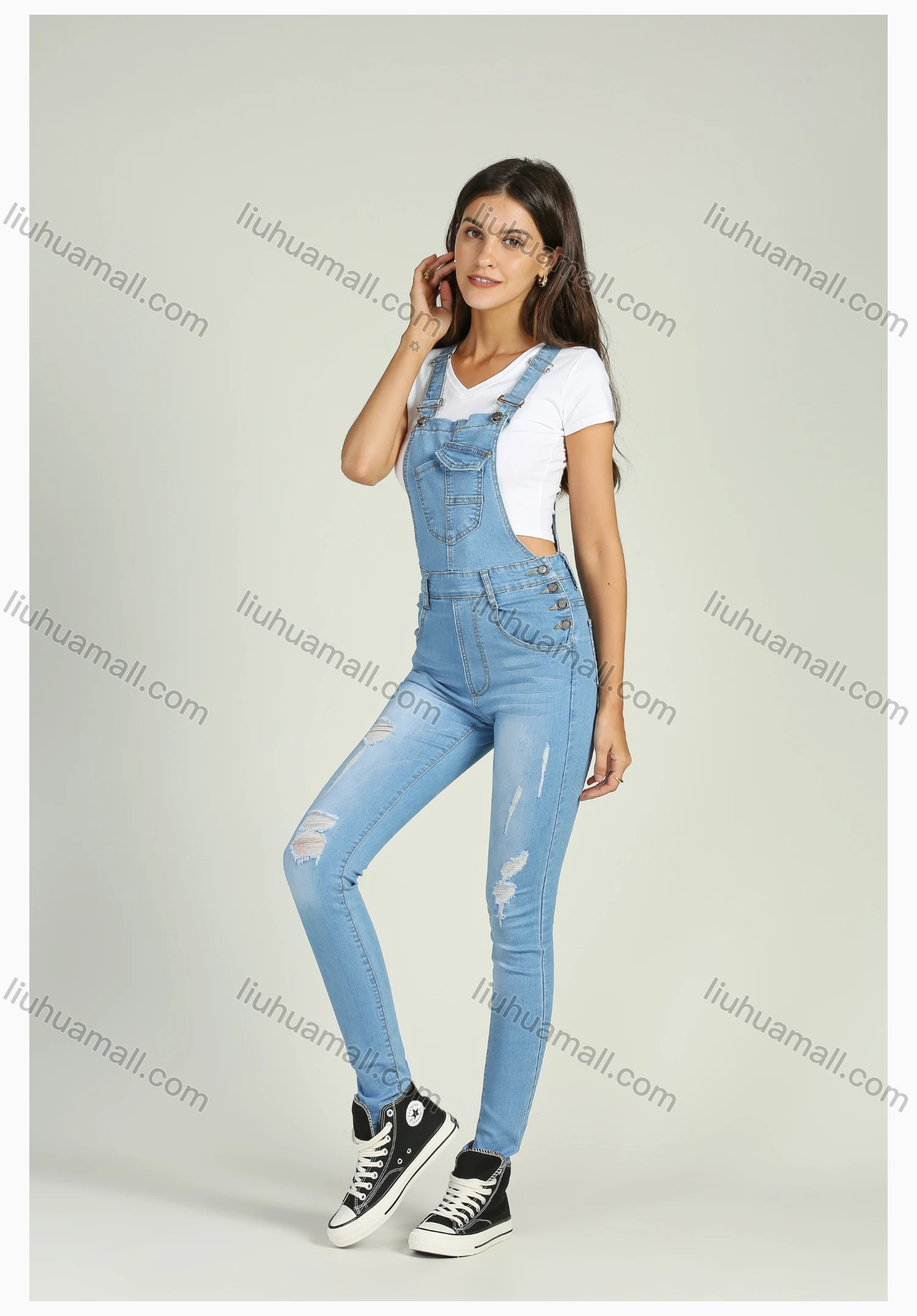 Wholesale Women's Casual Adjustable Strap Distressed Ripped Skinny Denim Overall - Liuhuamall