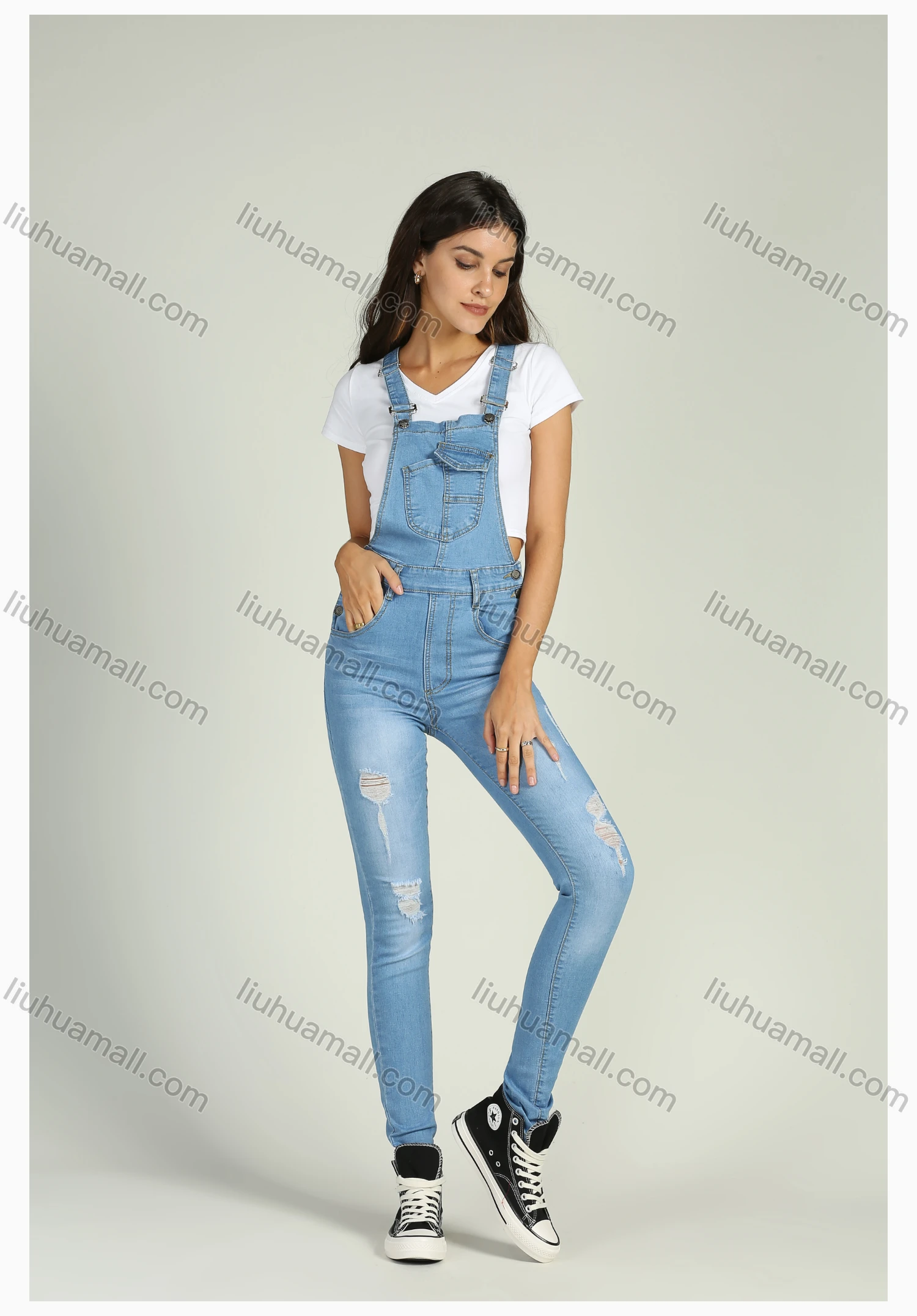 Wholesale Women's Casual Adjustable Strap Distressed Ripped Skinny Denim Overall - Liuhuamall