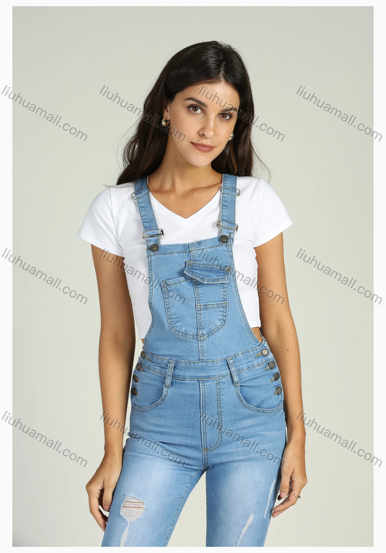 Wholesale Women's Casual Adjustable Strap Distressed Ripped Skinny Denim Overall - Liuhuamall