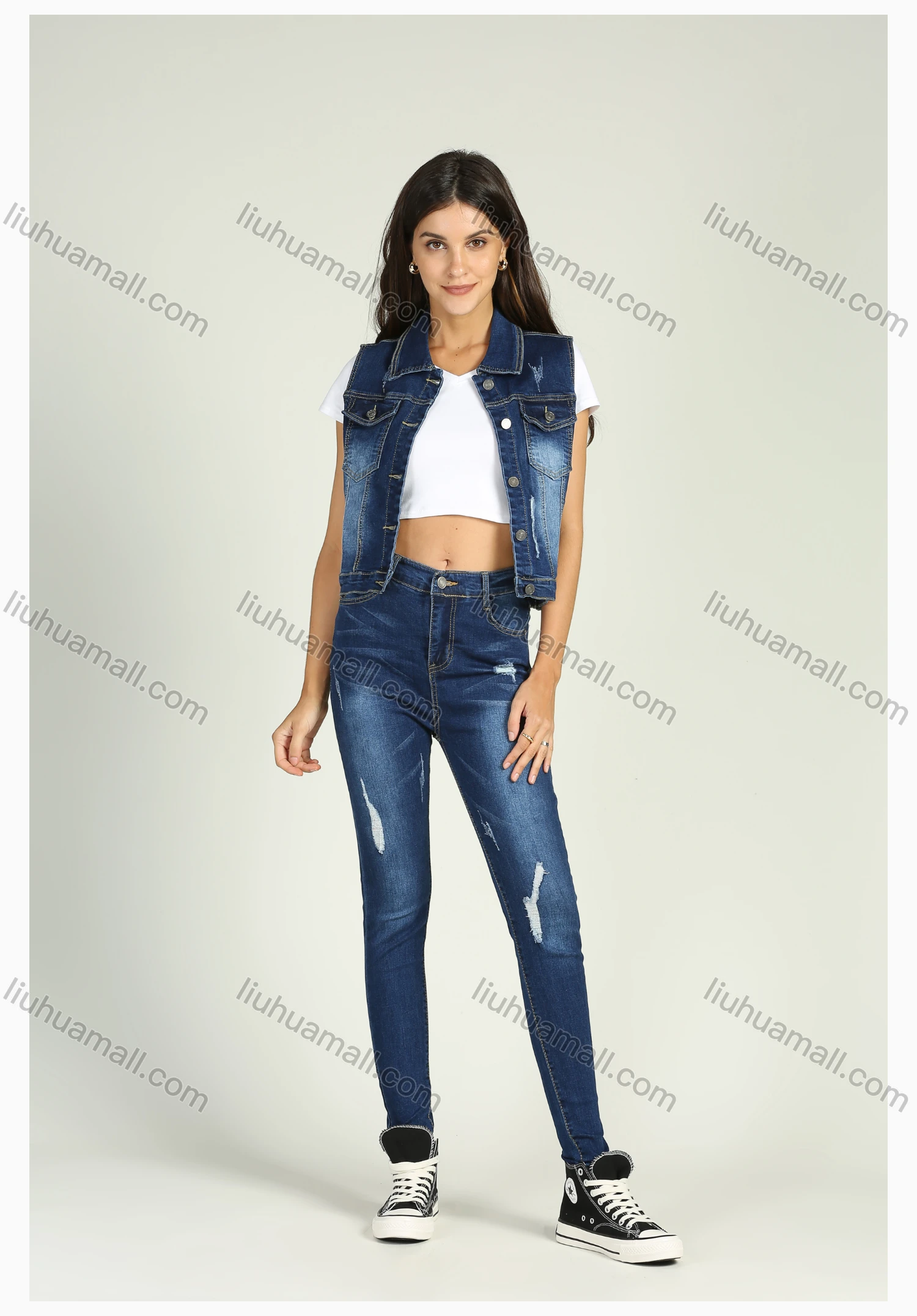 Wholesale Women's Flap Pocket Wash Button Down Vest Denim Jacket 2 Piece Set - Liuhuamall