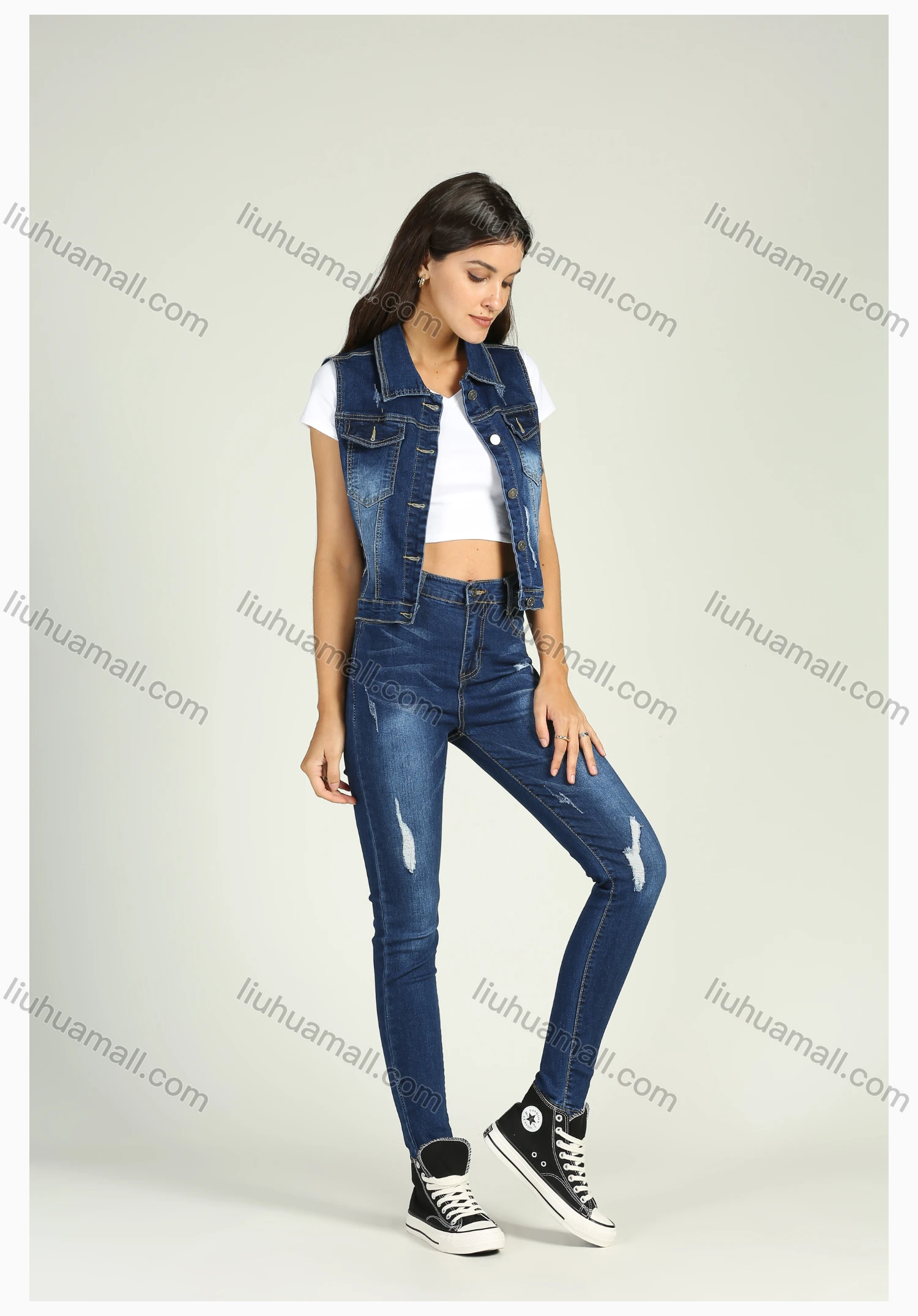 Wholesale Women's Flap Pocket Wash Button Down Vest Denim Jacket 2 Piece Set - Liuhuamall