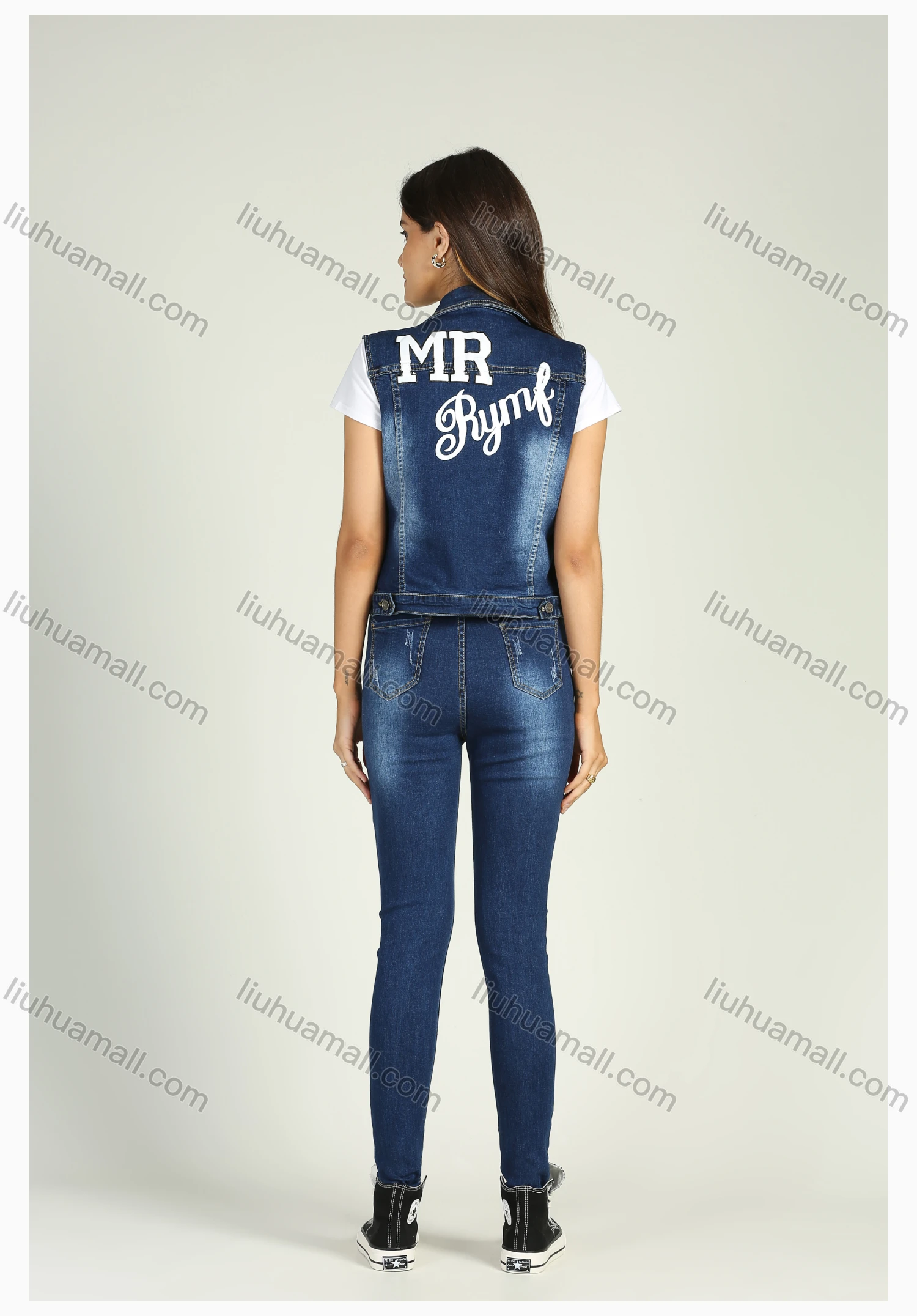 Wholesale Women's Flap Pocket Wash Button Down Vest Denim Jacket 2 Piece Set - Liuhuamall