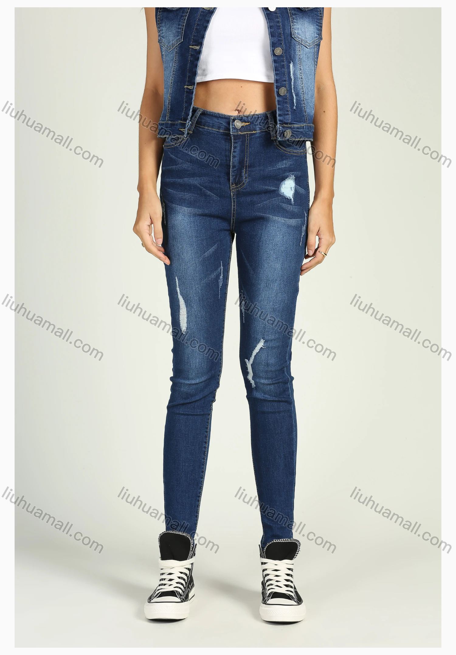 Wholesale Women's Flap Pocket Wash Button Down Vest Denim Jacket 2 Piece Set - Liuhuamall