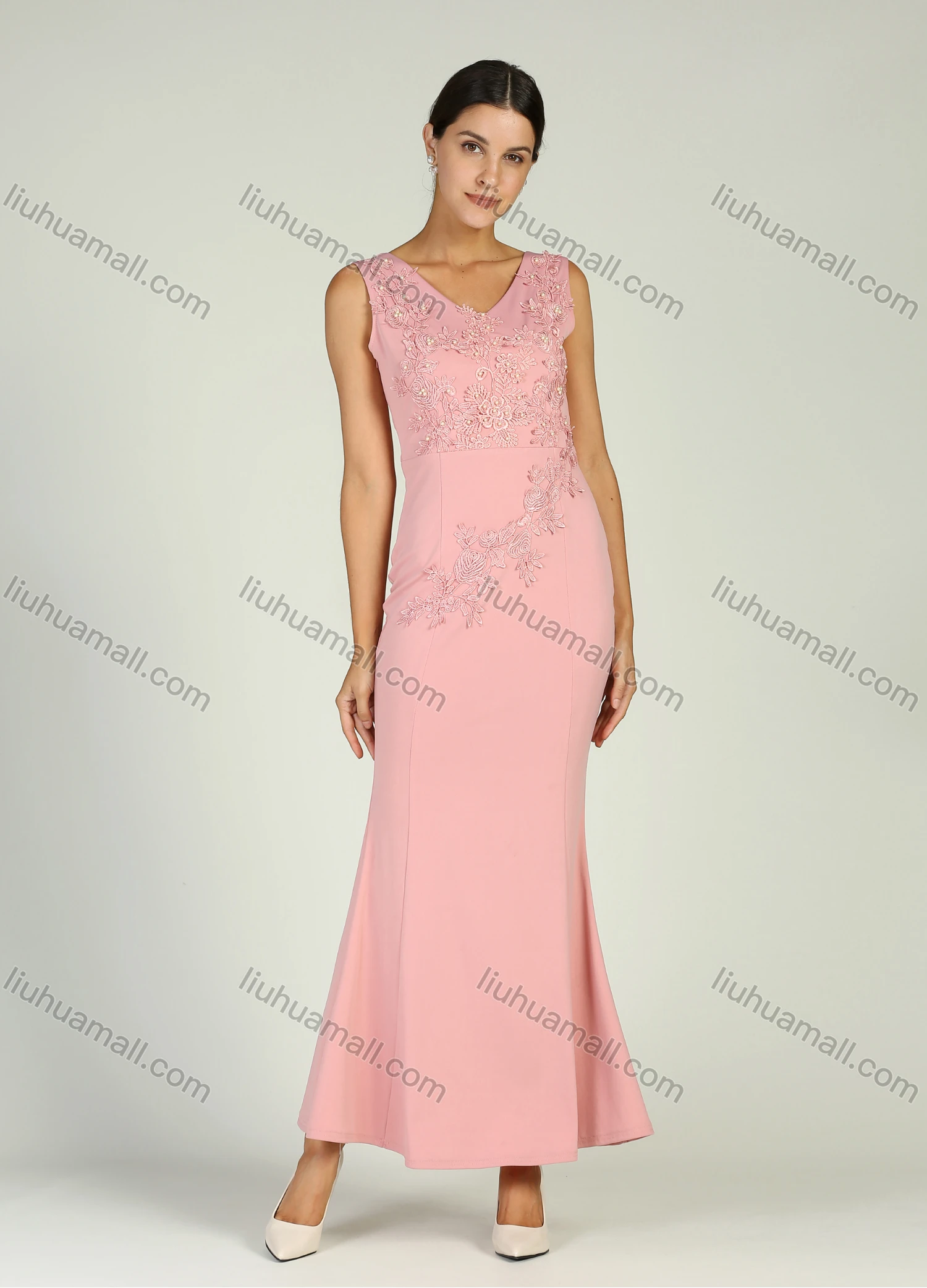 Wholesale Women's Elegant Sleeveless V Neck Applique Embroidery Mermaid Maxi Cocktail Dress - Liuhuamall