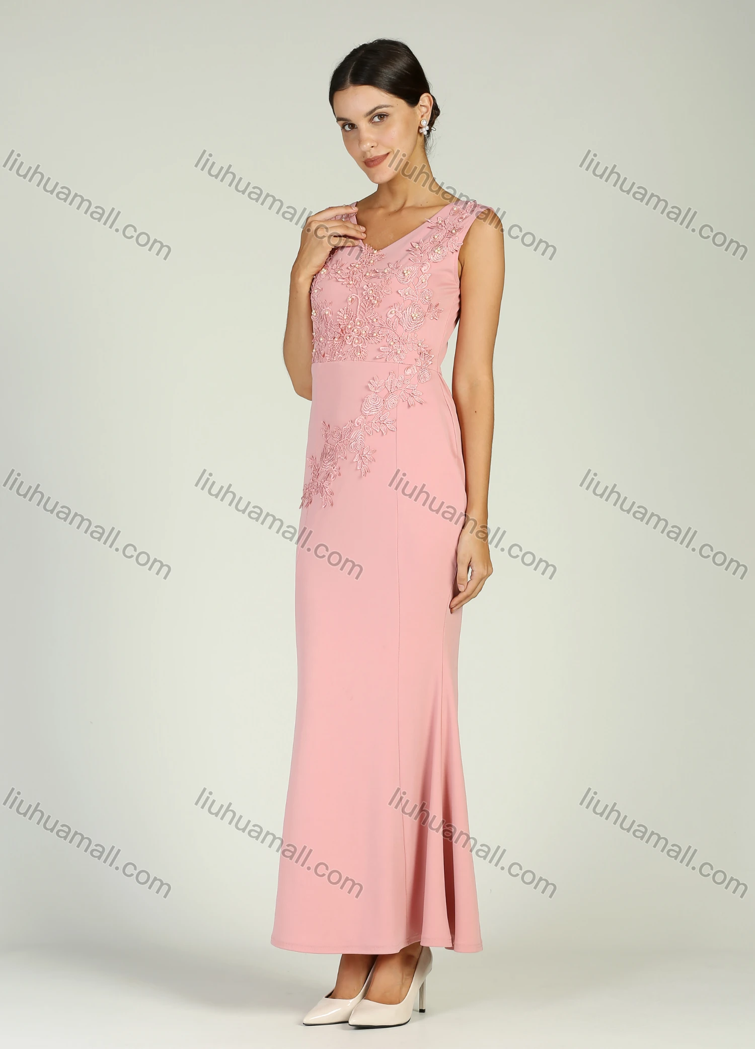 Wholesale Women's Elegant Sleeveless V Neck Applique Embroidery Mermaid Maxi Cocktail Dress - Liuhuamall