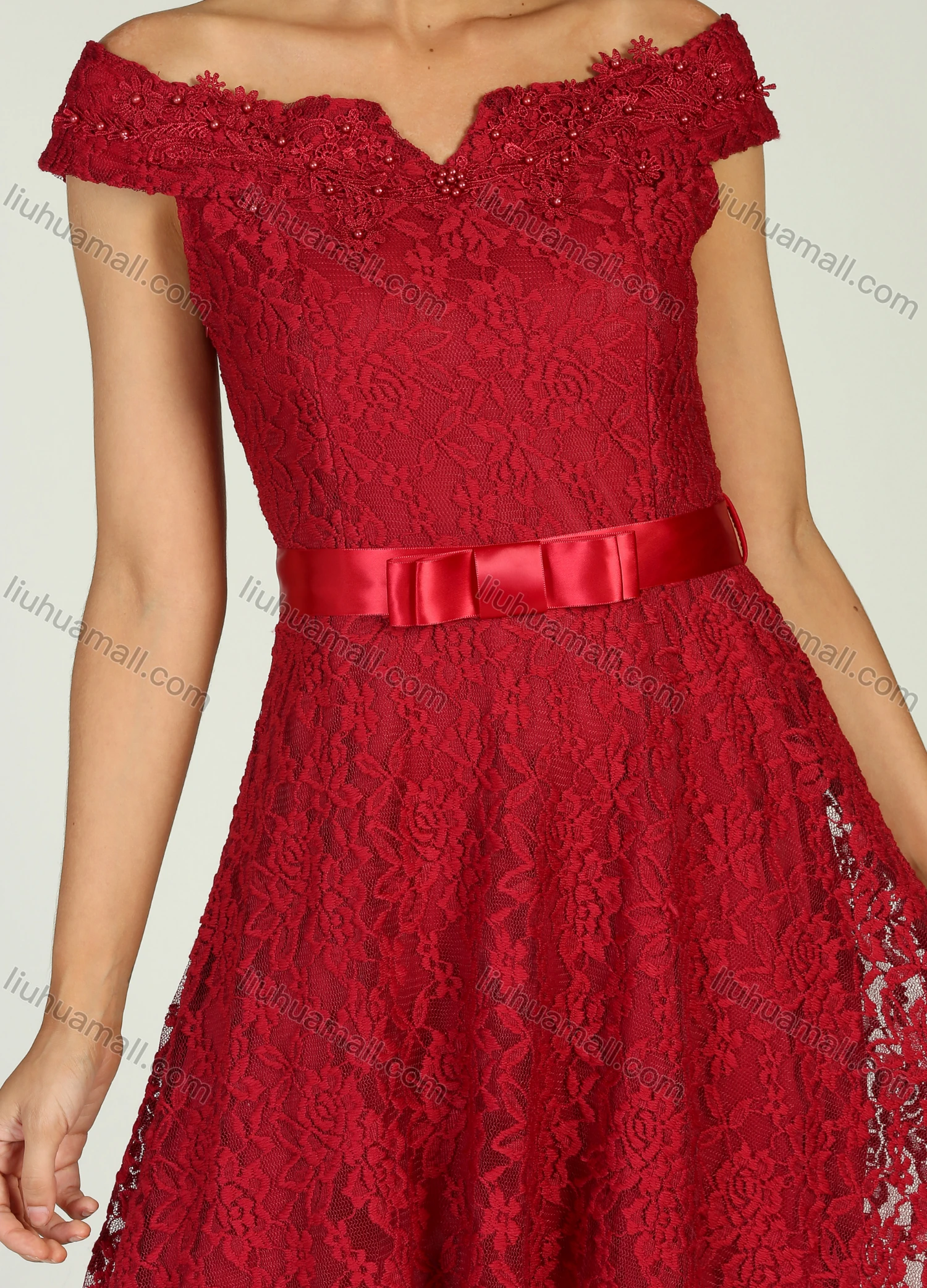 Wholesale Women's Elegant Off Shoulder Knee Length A-Line Embroidery Lace Cocktail Dress - Liuhuamall