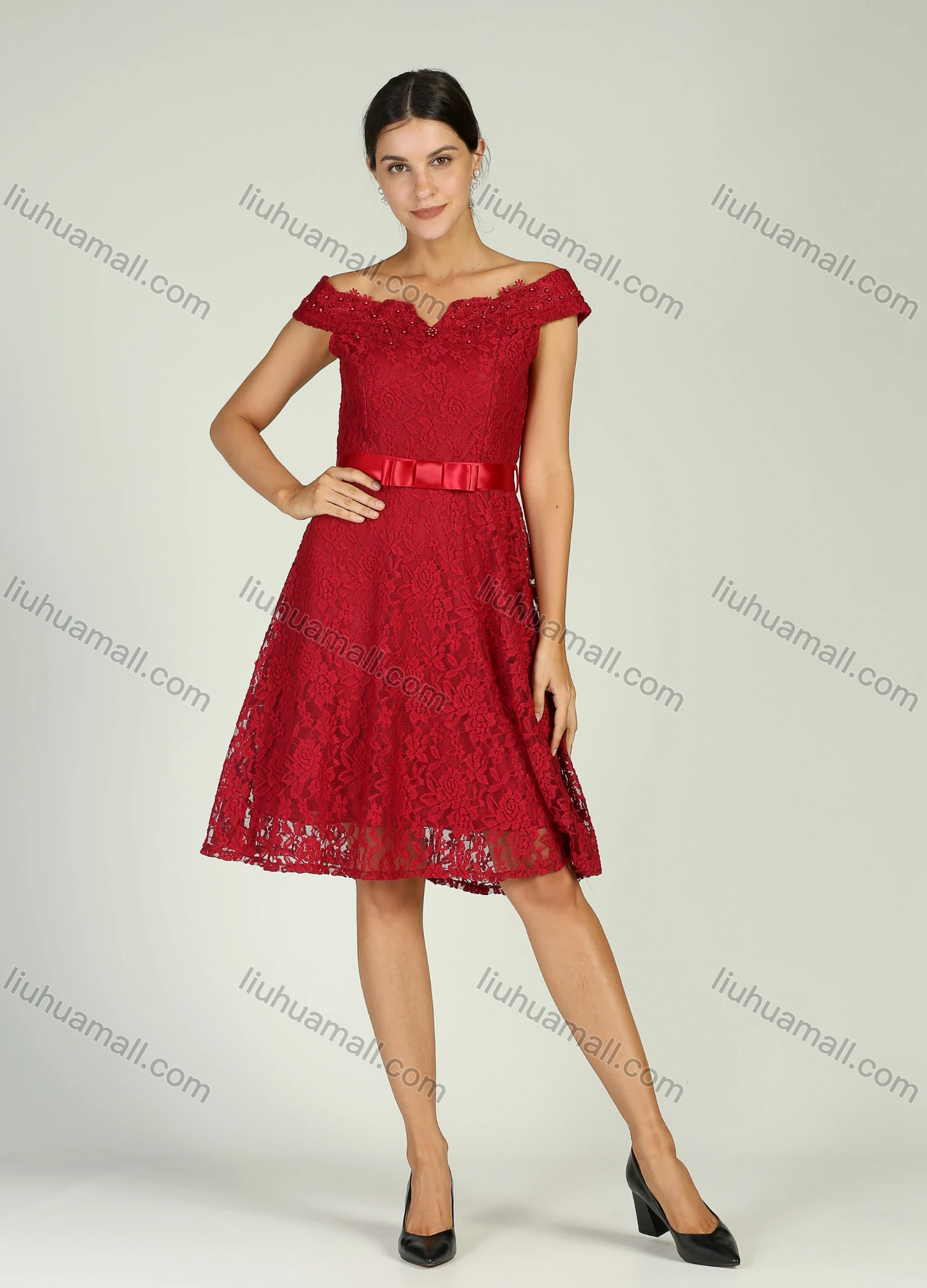 Wholesale Women's Elegant Off Shoulder Knee Length A-Line Embroidery Lace Cocktail Dress - Liuhuamall