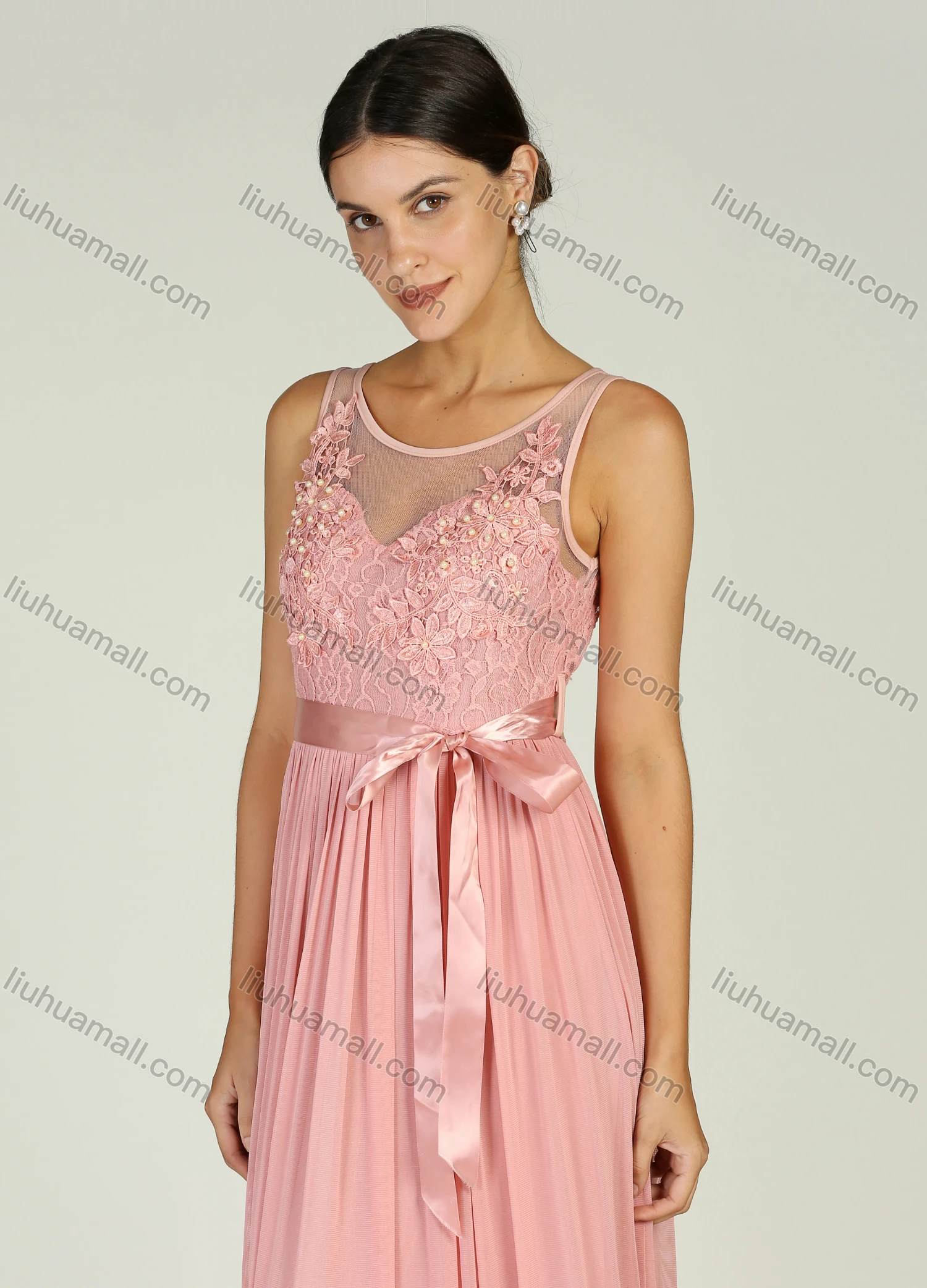 Wholesale Women's Elegant Lace Semi-sheer Sleeveless 3D Appliques Maxi Cocktail Dress With Belt - Liuhuamall