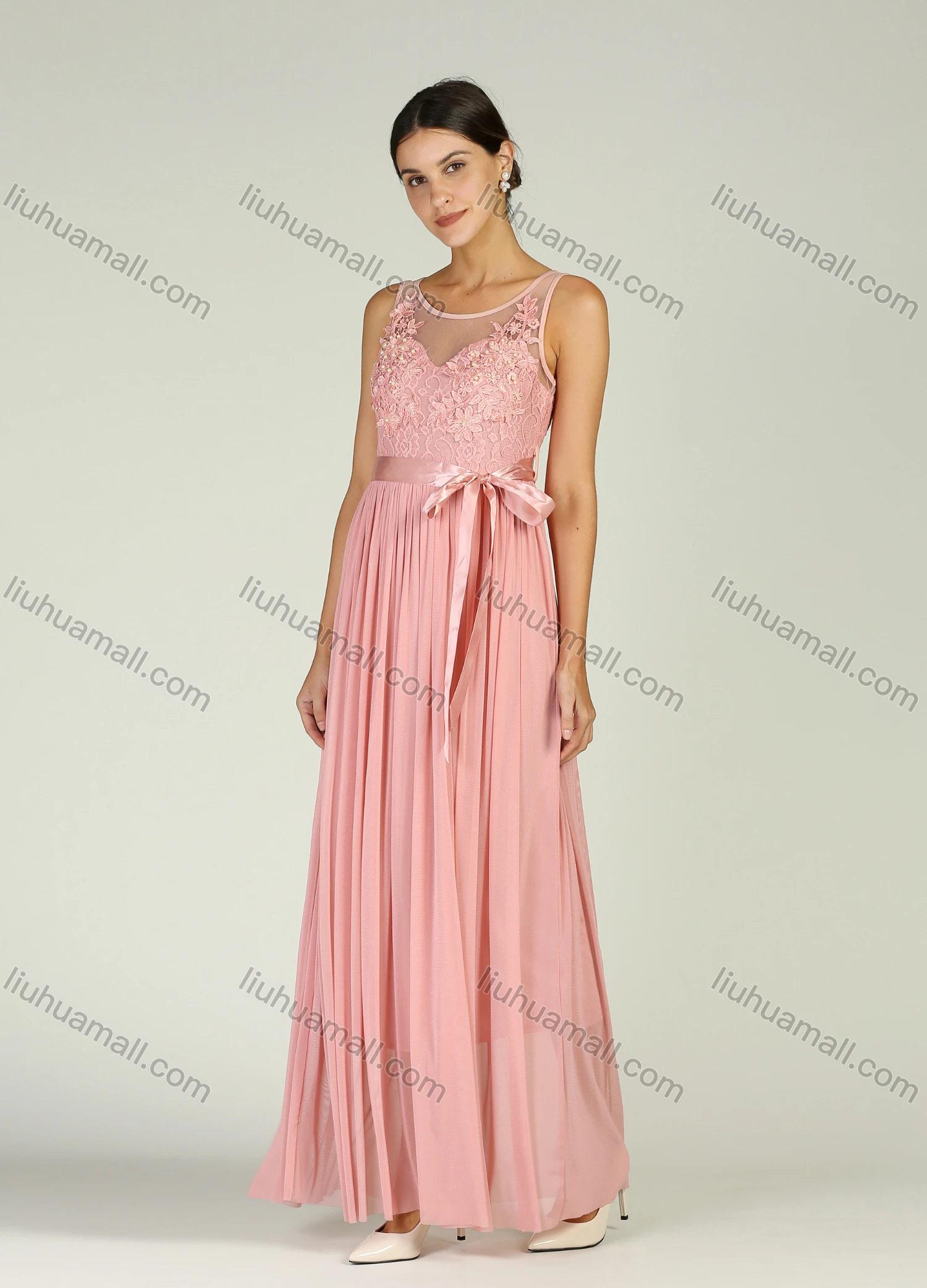 Wholesale Women's Elegant Lace Semi-sheer Sleeveless 3D Appliques Maxi Cocktail Dress With Belt - Liuhuamall